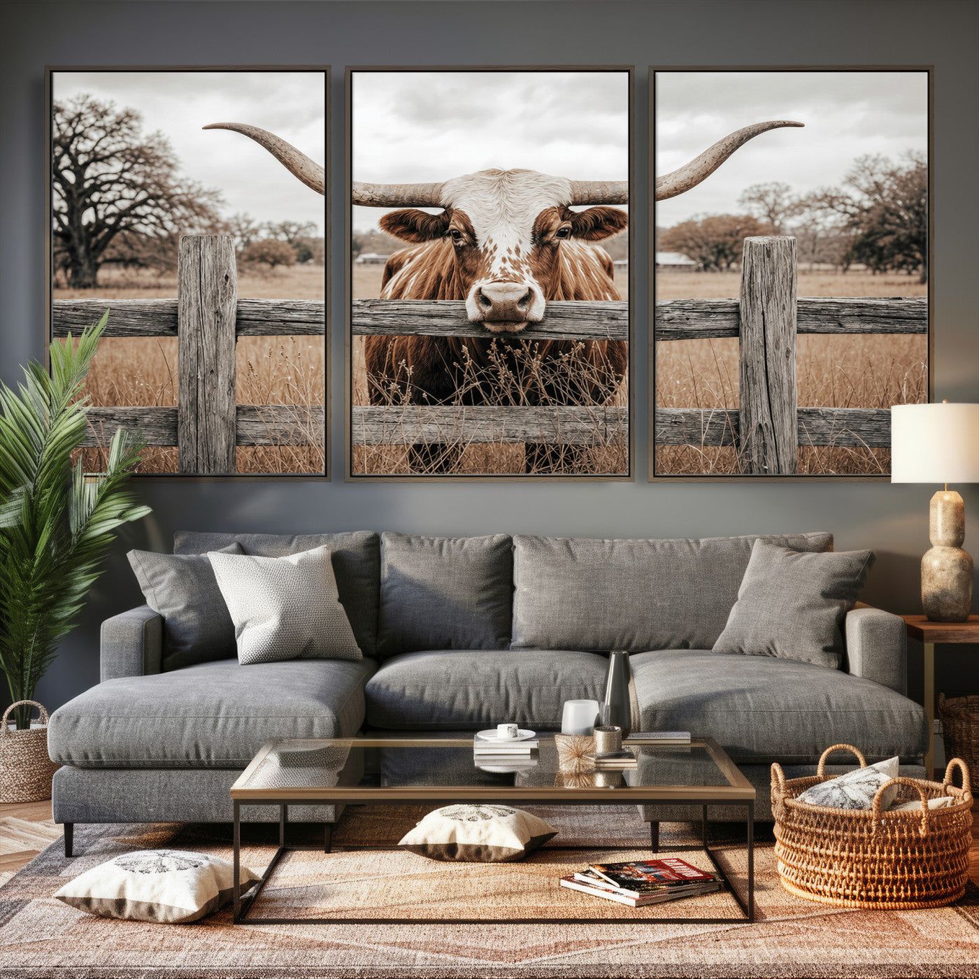 59378683N-MGV-CV-60X30-3P - Farmhouse Texas Longhorn Bull Canvas Wall Art, Western Ranch Cattle Photography Print, Rustic Barn Cowboy Decor Artwork