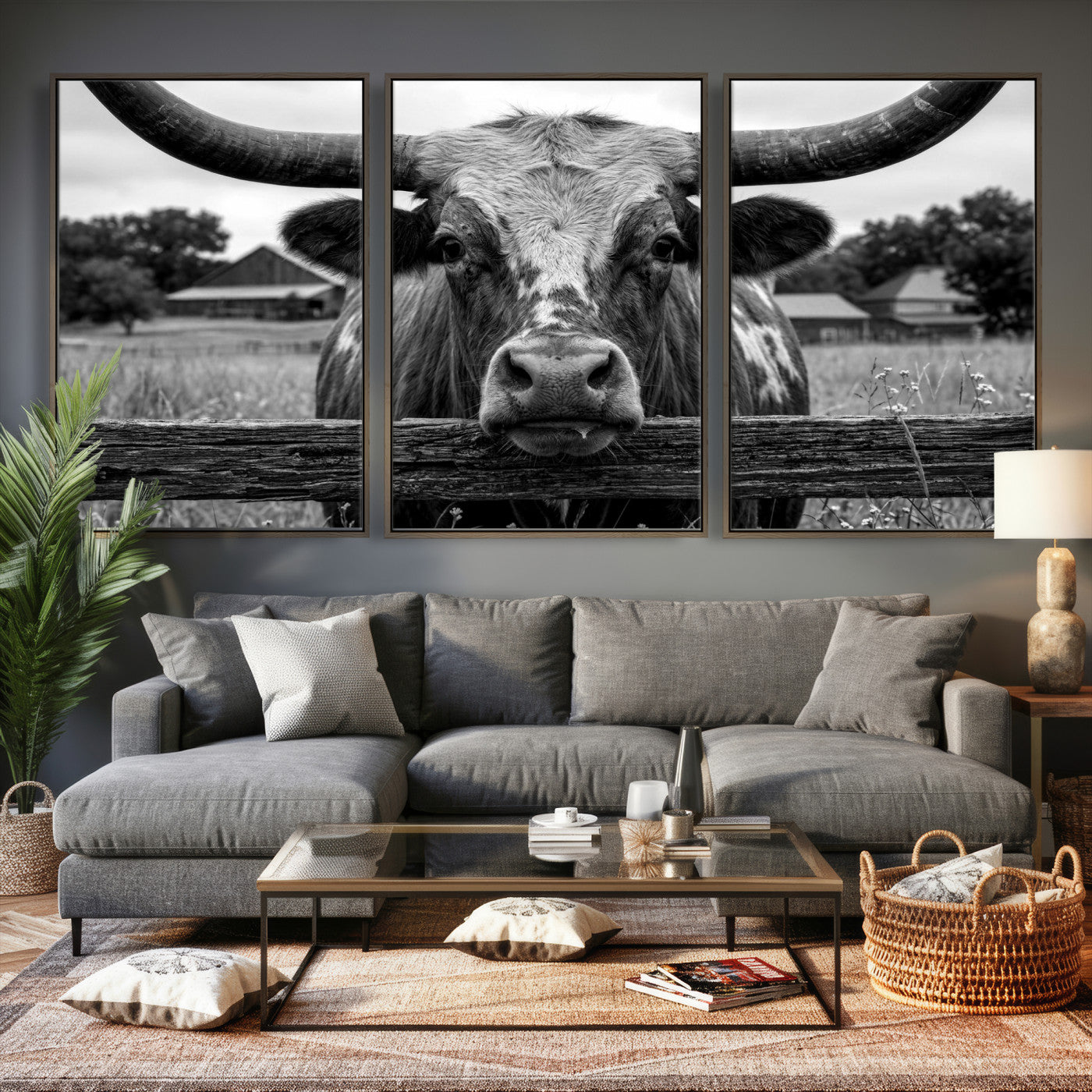 59378683B-MGV-CV-36X24 - Black White Texas Longhorn Bull Canvas Wall Art, Western Ranch Cattle Photography Print, Rustic Farmhouse Cowboy Decor Artwork