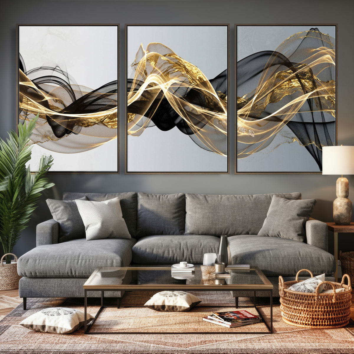79483321DL-MGV-CV-36X24 - Black and Gold Abstract Wall Art, Modern Wave Canvas Print, Elegant Flowing Smoke Art, Luxury Living Room Decor
