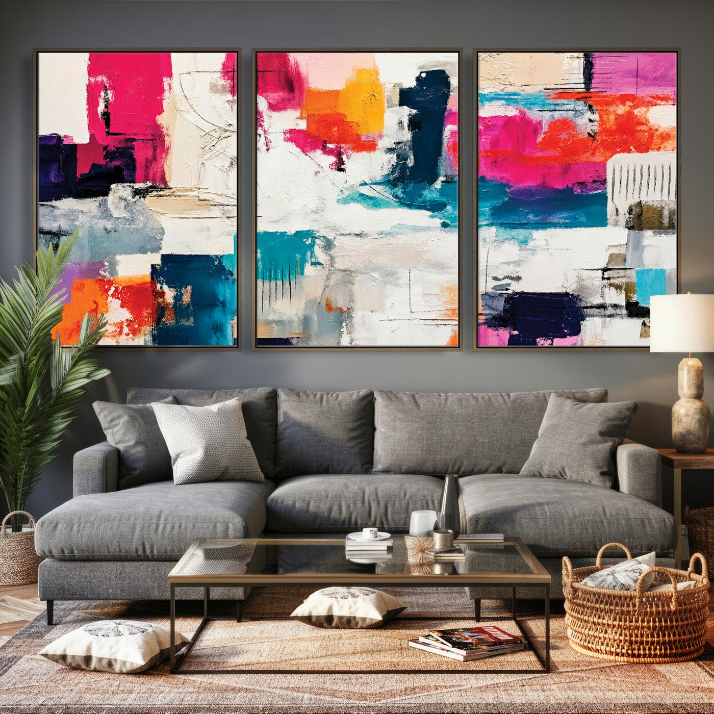 57864023-MGV-CV-36X24 - Blue Teal Abstract Canvas Wall Art | Modern Textured Painting Print, Navy Orange White Contemporary Art, Neutral Living Room Decor, Office Art