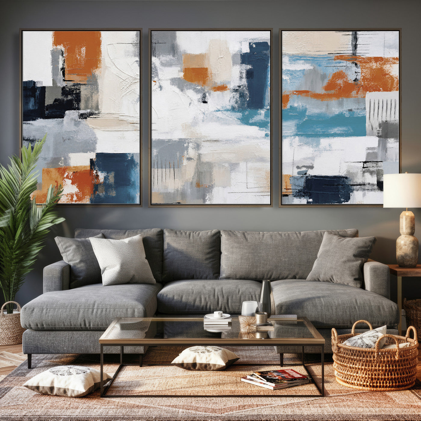 44950303-MGV-CV-36X24 - Blue Teal Abstract Canvas Wall Art, Modern Textured Painting Print, Navy Orange White Contemporary Art, Neutral Living Room Decor, Office Art