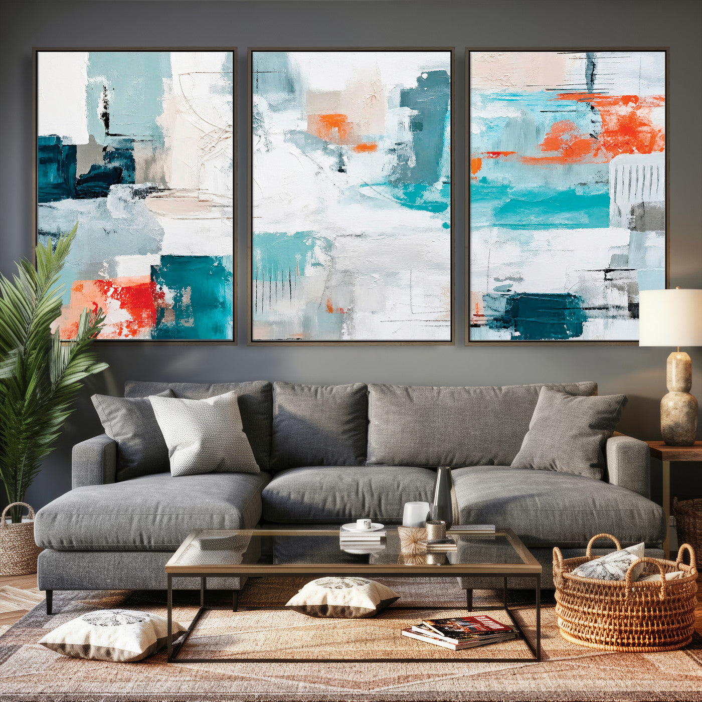 98638479-MGV-CV-36X24 - Blue Teal Abstract Canvas Wall Art | Modern Textured Painting Print, Navy Orange White Contemporary Art, Neutral Living Room Decor, Office Art