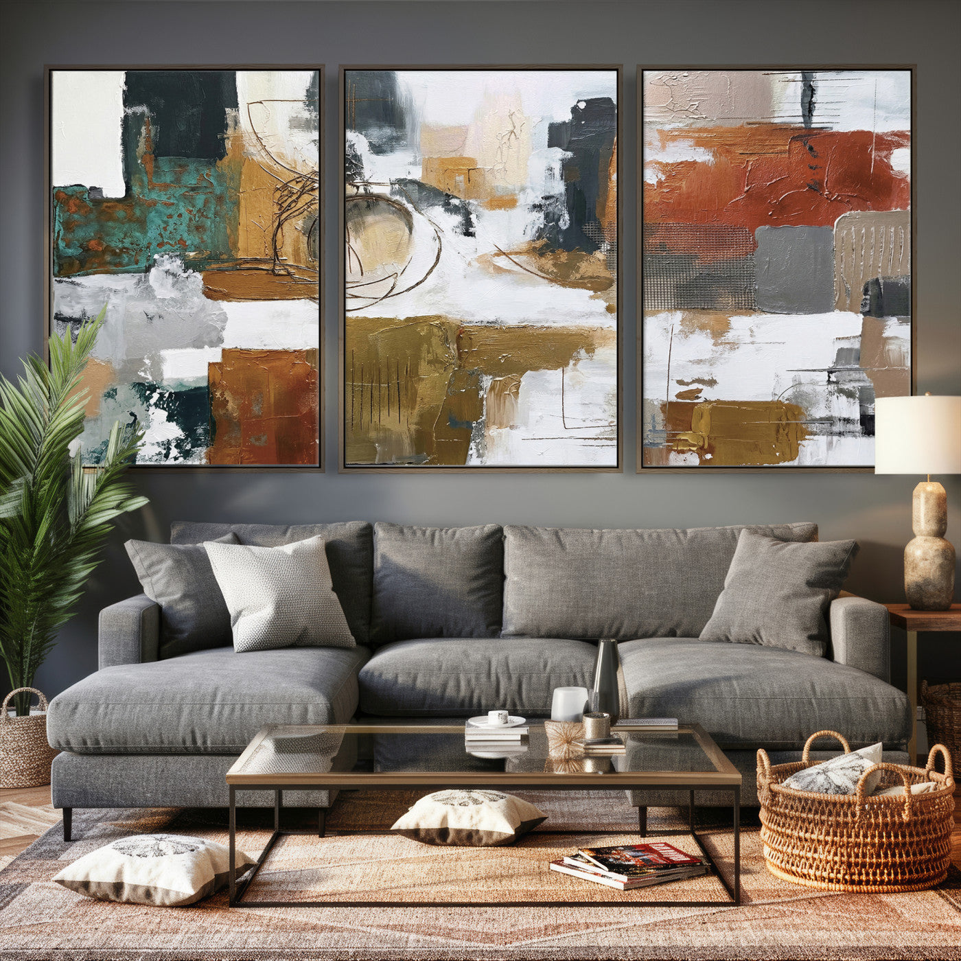 50720312-MGV-CV-36X24 - Blue Teal Abstract Canvas Wall Art, Modern Textured Painting Print, Navy Orange White Contemporary Art, Neutral Living Room Decor, Office Art