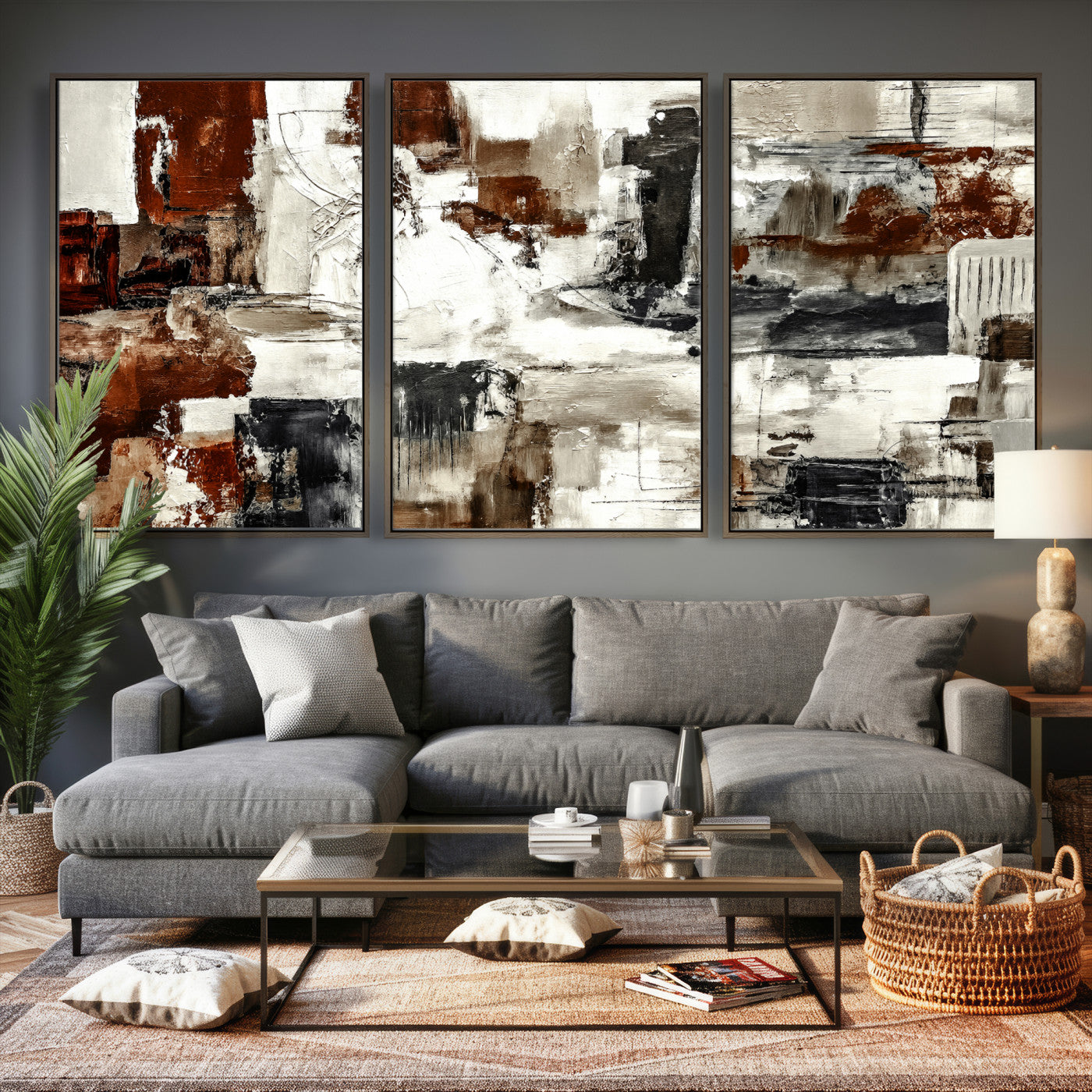 53022468-MGV-CV-36X24 - Blue Teal Abstract Canvas Wall Art, Modern Textured Painting Print, Navy Orange White Contemporary Art, Neutral Living Room Decor, Office Art