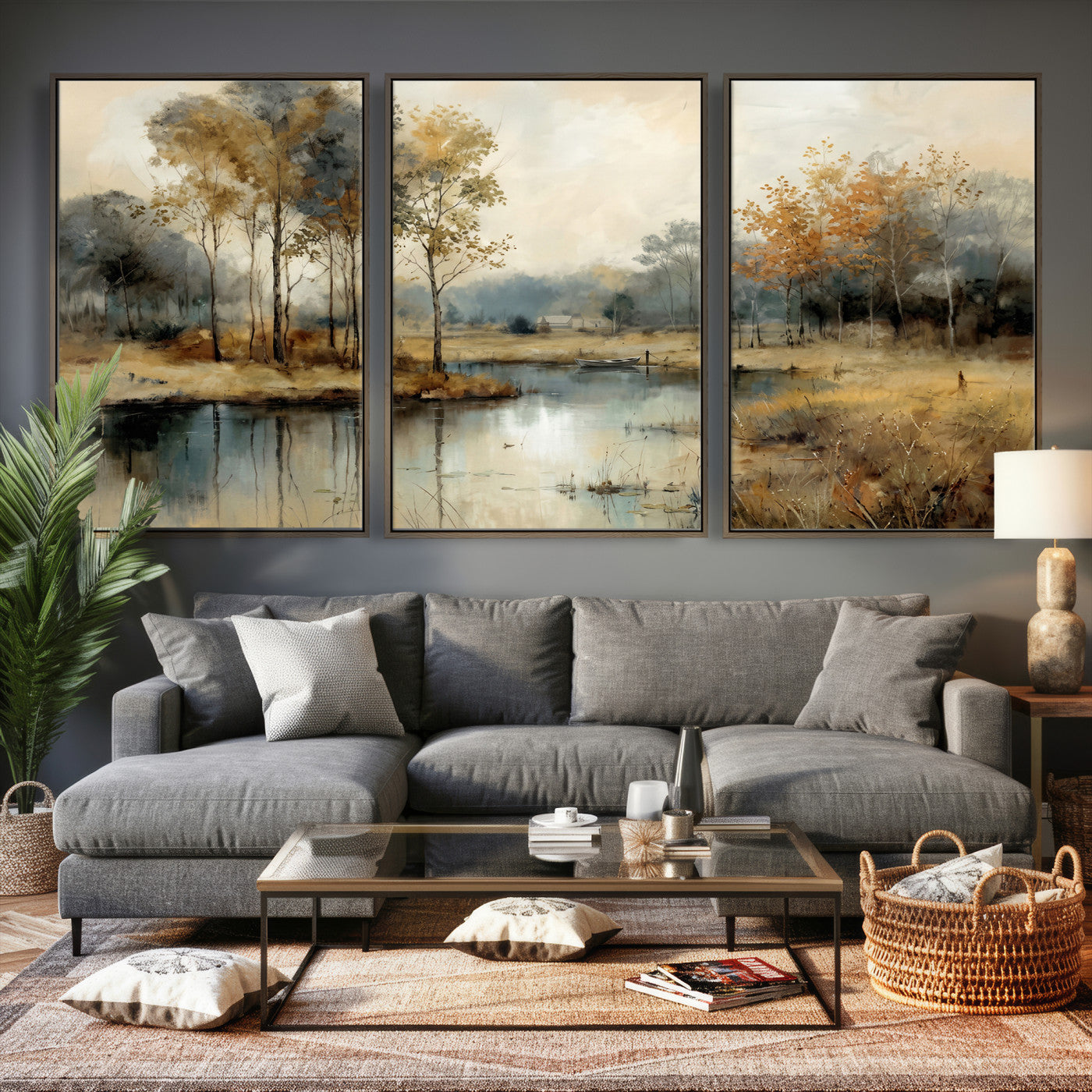 74391095-MGV-CV-36X24 - Abstract WatercolorAutumn Lake Canvas Wall Art Print, Misty Forest Landscape, Rustic Nature Painting, Cabin Wall Decor, Ready to Hang