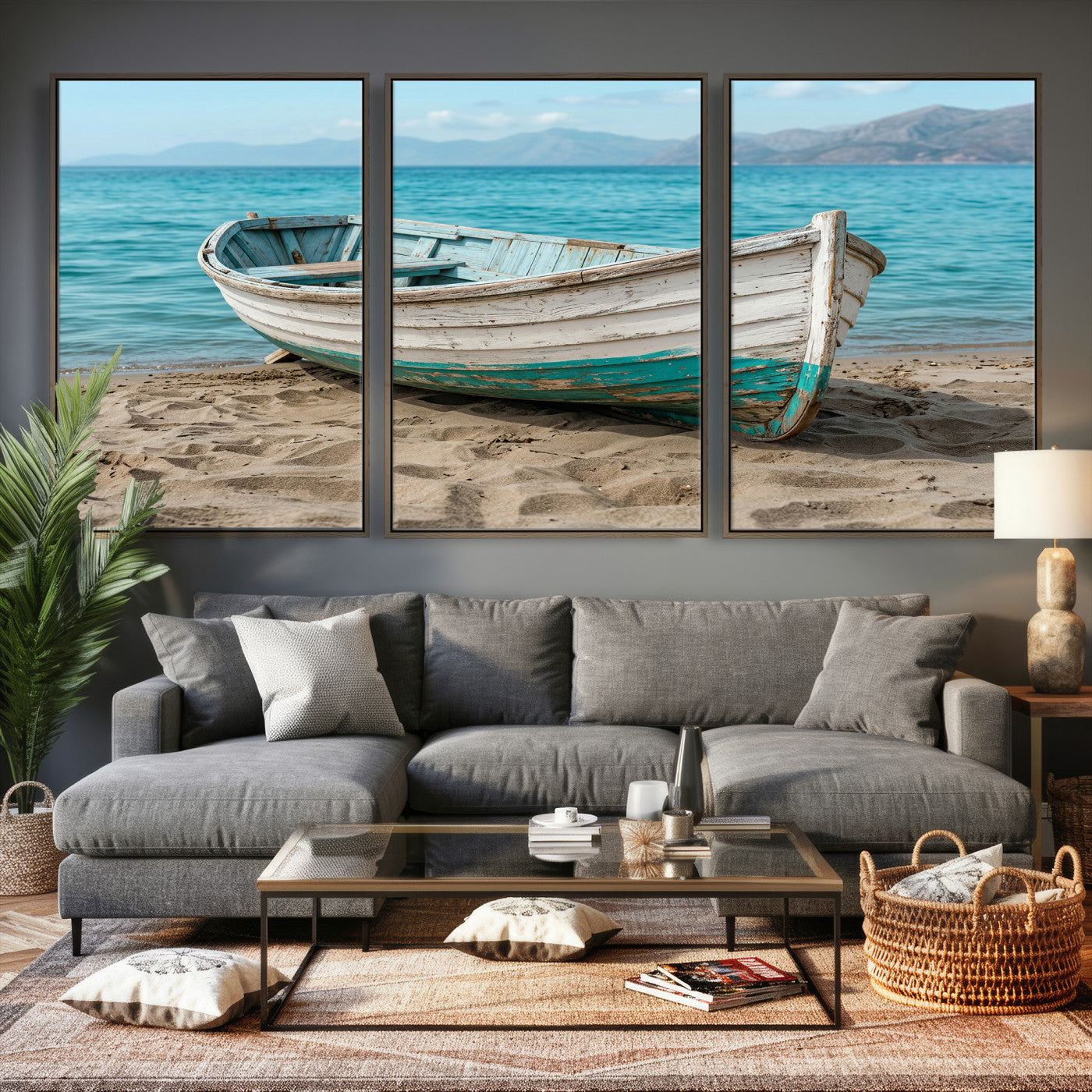 49963709-MGV-CV-36X24 - Coastal Boat Canvas Wall Art Print, Beach Boat Painting, Nautical Ocean Decor, Seascape Wall Art, Ready to Hang