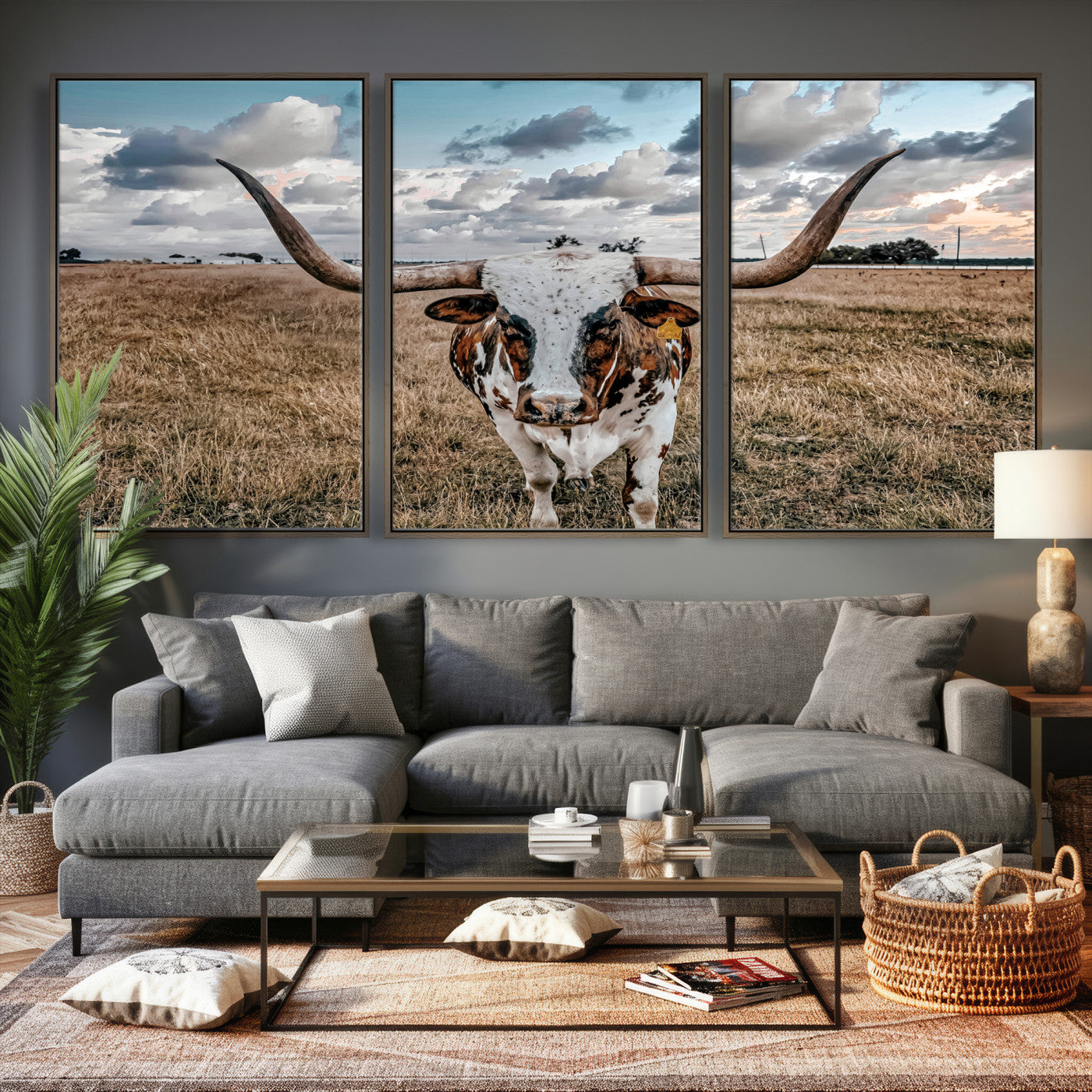 17464823-MGV-CV-36X24 - Texas Longhorn Canvas Wall Art Print, Western Cow Photography, Rustic Ranch Decor, Farmhouse Wall Art, Ready to Hang