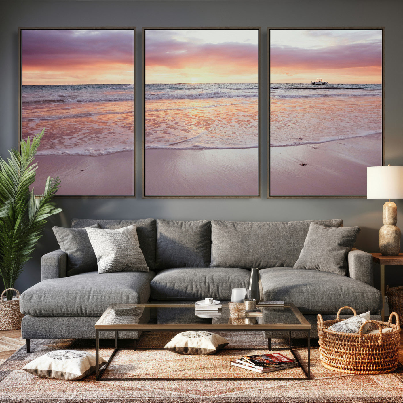 44765395-MGV-CV-36X24 - Beach Sunset Canvas Wall Art Print, Ocean Waves Landscape, Coastal Photography, Seascape Wall Decor, Ready to Hang