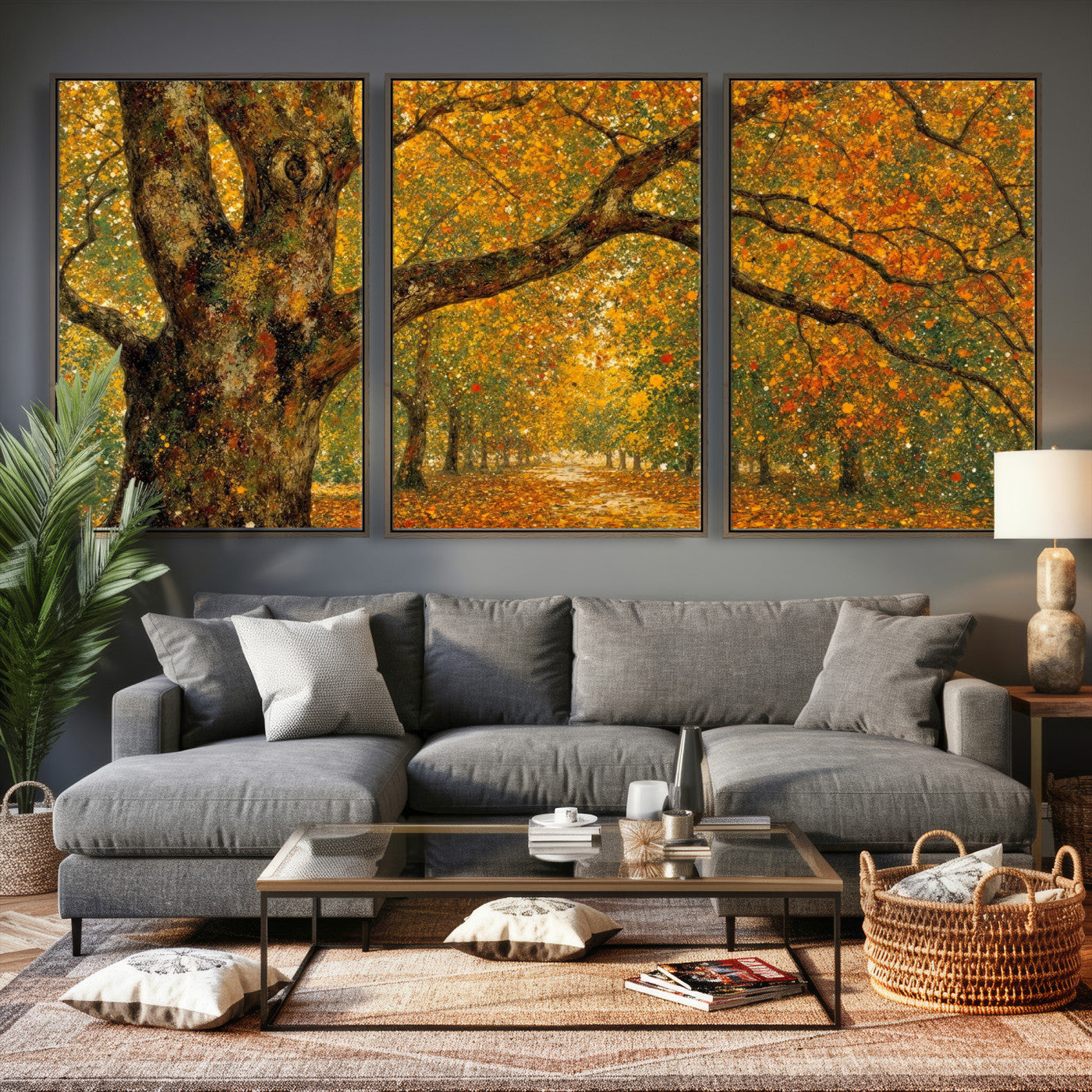 11536138-MGV-CV-36X24 - Vintage Autumn Forest Path Wall Art Canvas Print, Golden Leaves Impressionist Painting Print