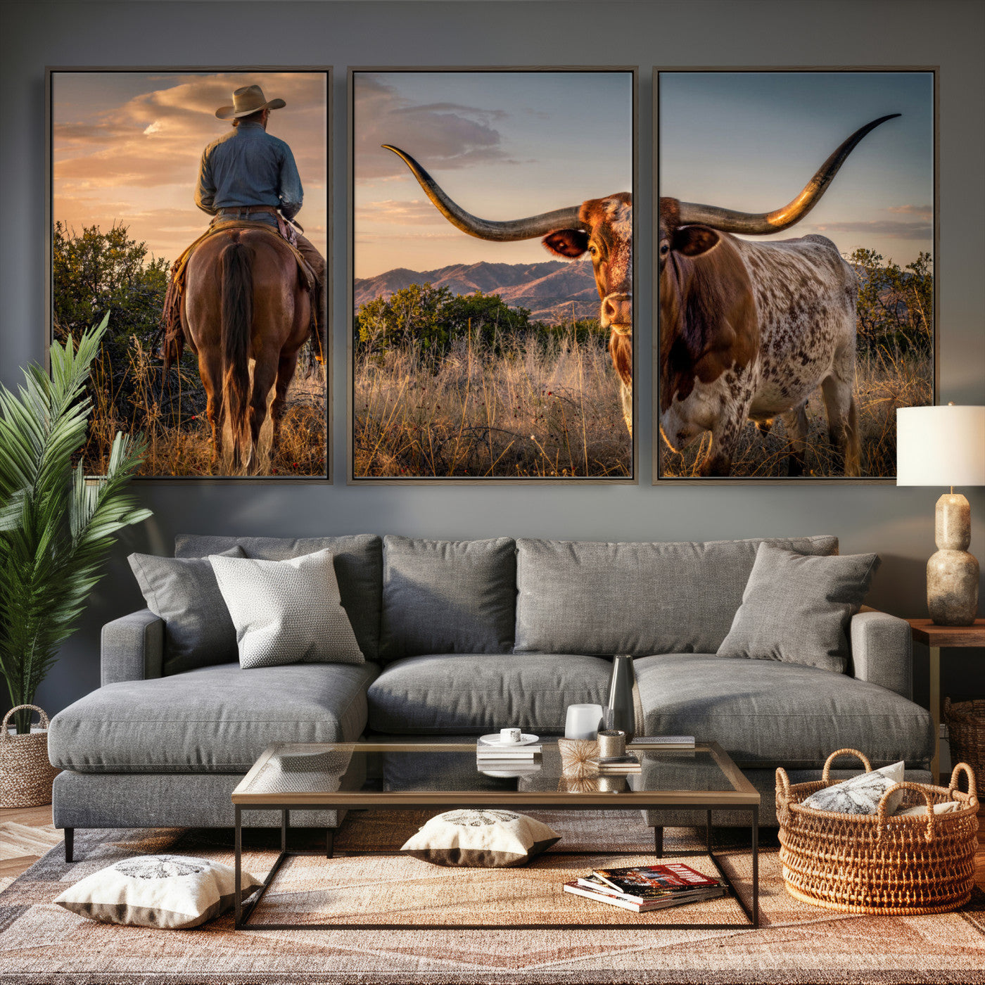 62076449-MGV-CV-60X30-3P - Texas Cow Bull Longhorn Cowboy Western Wall Art Decor for Farmhouse
