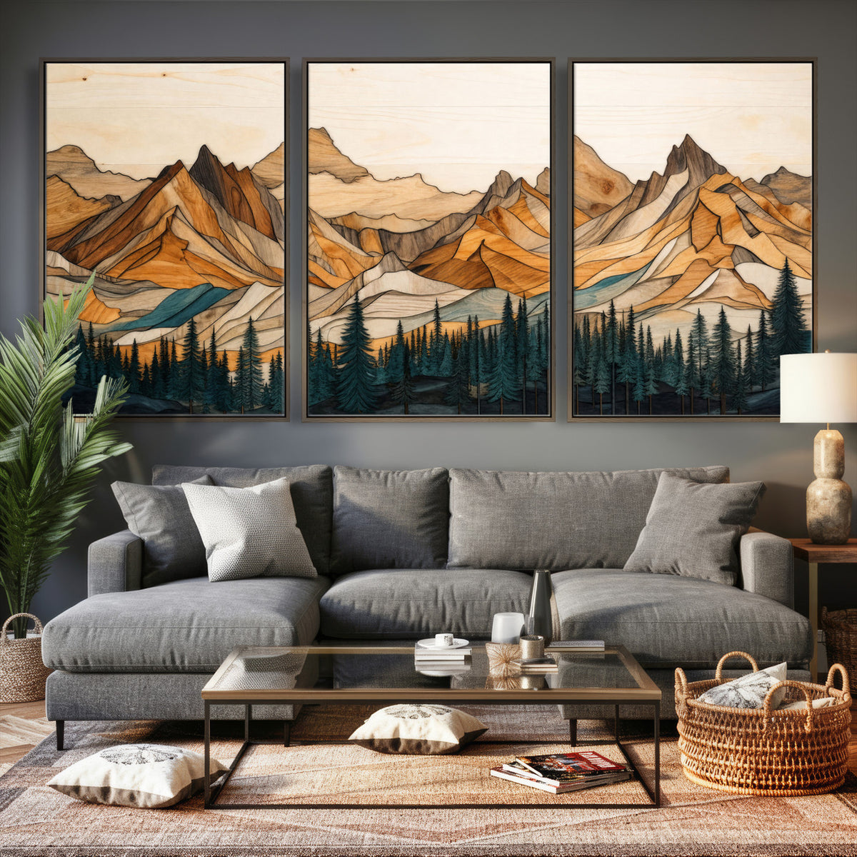 57384313-MGV-CV-60X30-3P - Mountain Landscape Canvas Wall Art with Wood Grain Effect, Golden Peaks and Teal Pine Forest, Framed Cabin Decor