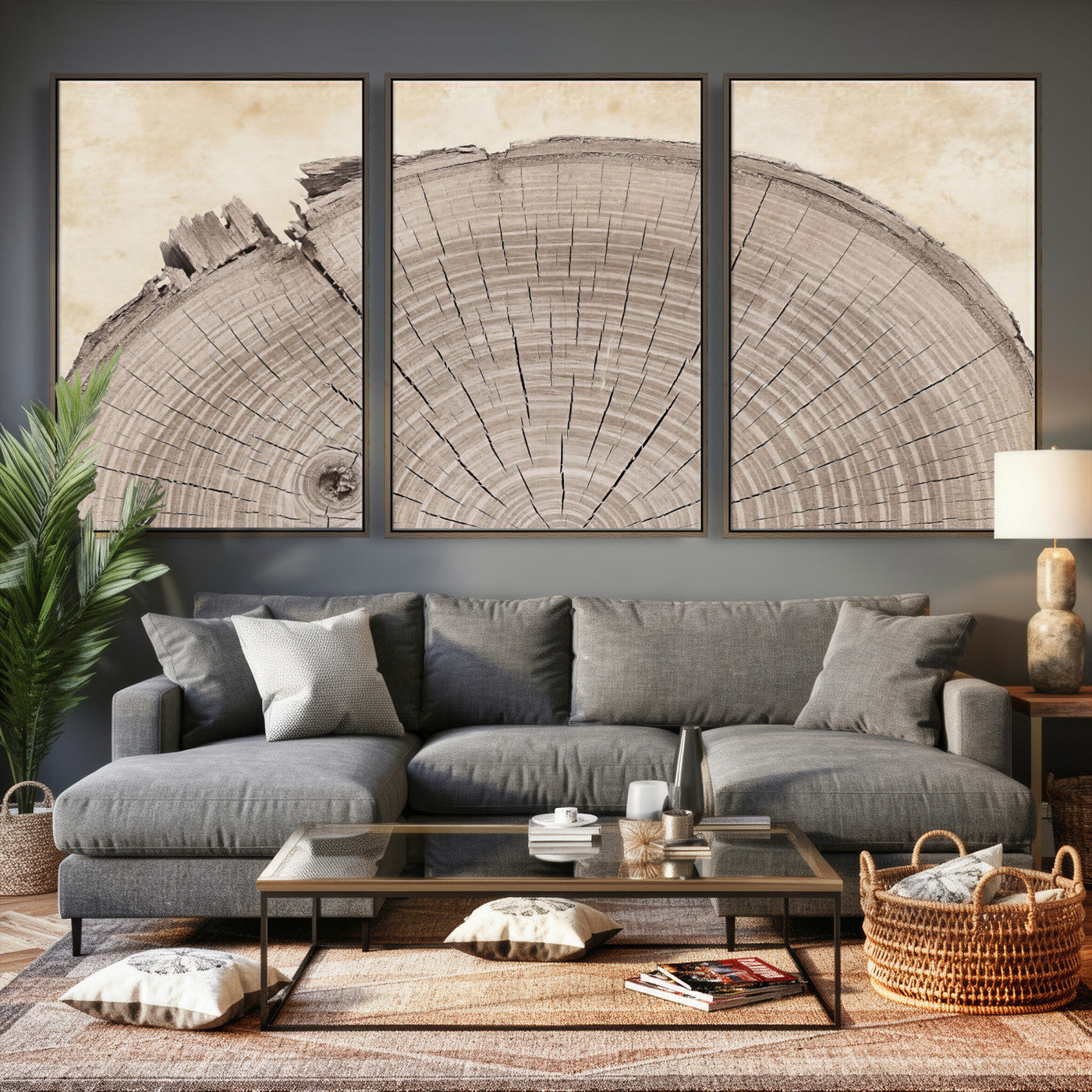 64174838-MGV-CV-60X30-3P - Tree Ring Canvas Wall Art in Neutral Earth Tones, Framed Wood Slice Print for Rustic and Japandi Interiors