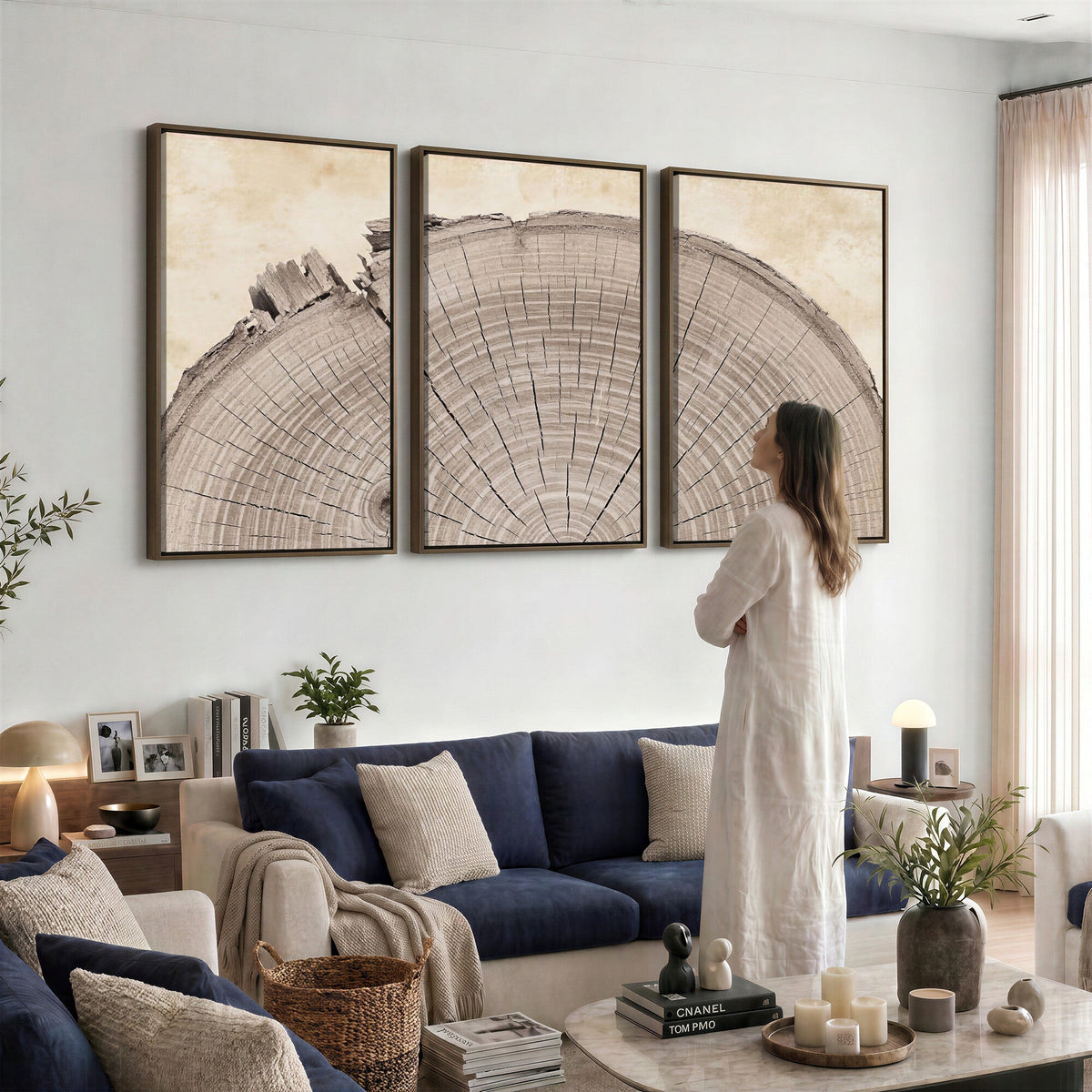 64174838-MGV-CV-60X30-3P - Tree Ring Canvas Wall Art in Neutral Earth Tones, Framed Wood Slice Print for Rustic and Japandi Interiors