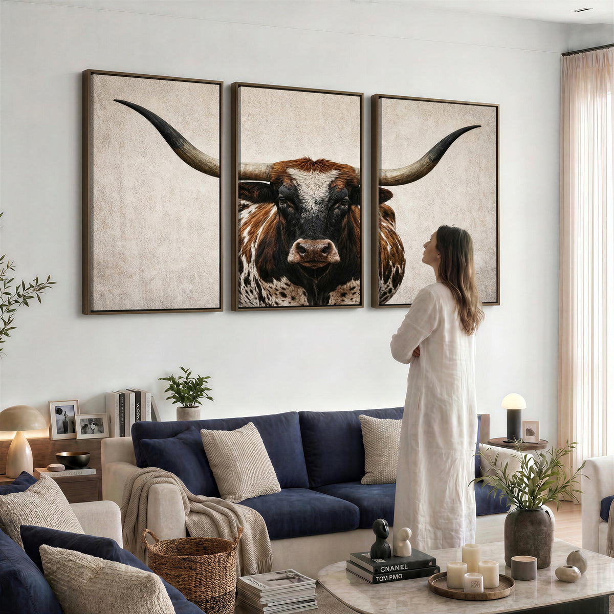 58622065-MGV-CV-36X24 - Texas Longhorn Canvas Wall Art Western Bull Desert Moody Grey Overcast Rustic Farmhouse Framed Large for Living Room Bedroom Office Decor