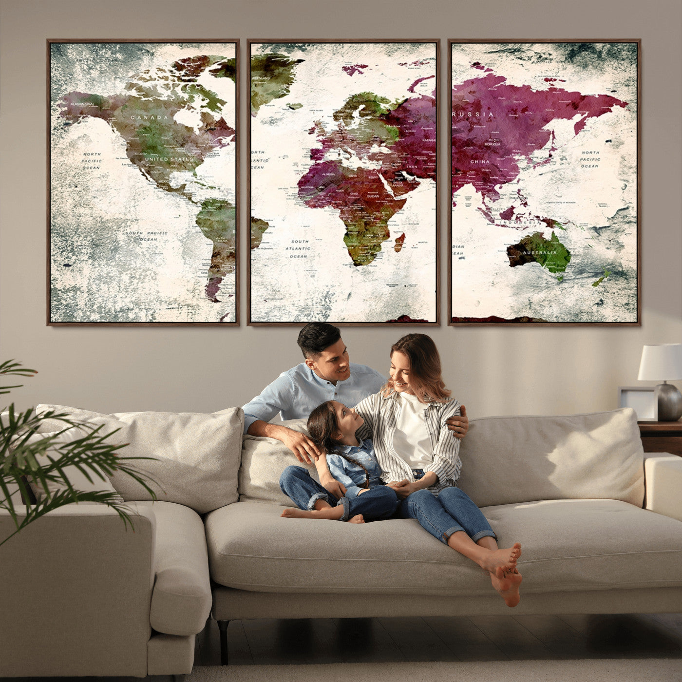 -Vintage Watercolor Push Pin World Map Canvas – Framed Travel Wall Art for Home and Office Decor