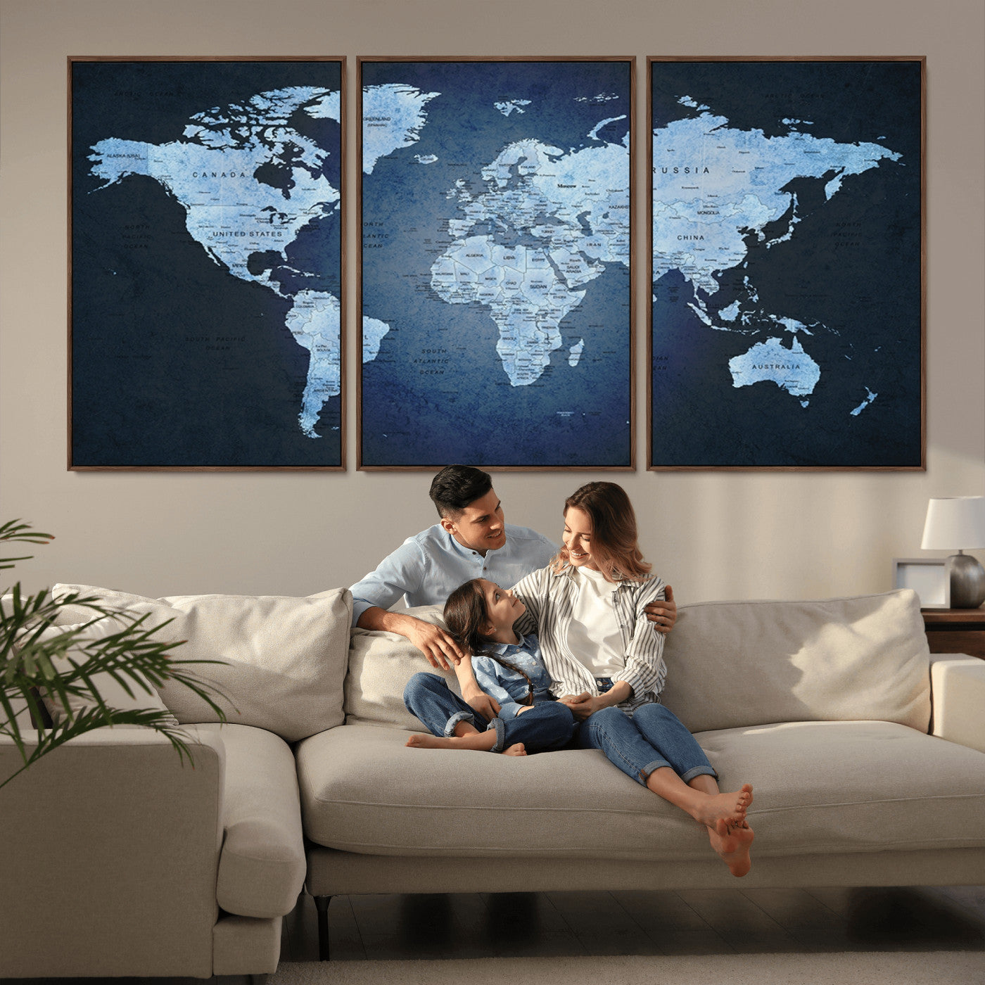 -Blue World Map Canvas Wall Art – Framed Modern Push Pin Travel Map for Home and Office Decor, Elegant Navy Global Wall Artwork for Travelers