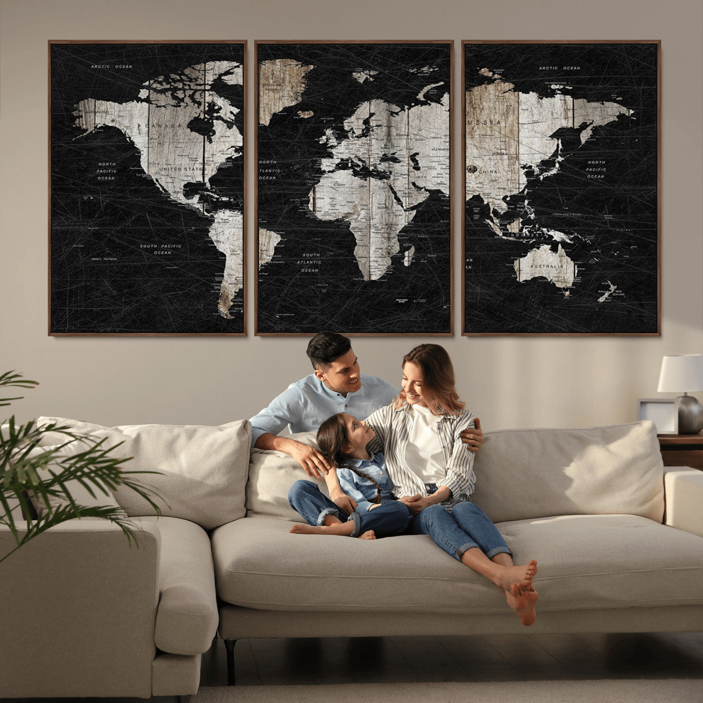 89998-MGV-CV-36X24-Rustic Black and Wood World Map Canvas Wall Art – Framed Push Pin Travel Map for Home and Office Decor, Modern Vintage Wall Artwork