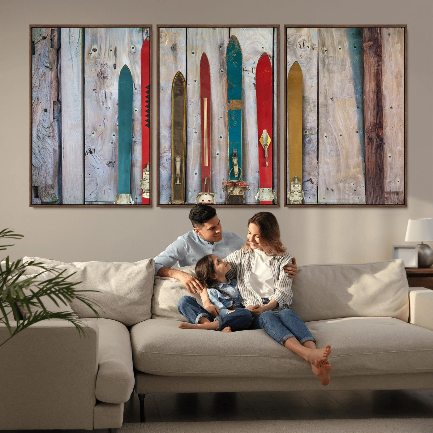 -Vintage Wooden Weathered Ski's in Front of an Old Barn Wall Art Canvas Print for Farmhouse, Cabin