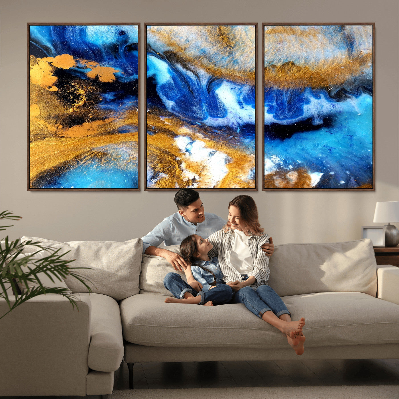 42100-MGV-CV-36X24-Blue Orange Marble Fluid Effect Canvas Wall Art Print