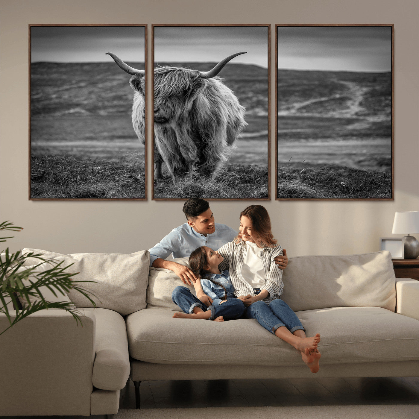 -Fluffy Cattle Wall Art Print, Highland Cow Canvas, Framed Black and white Wall Art