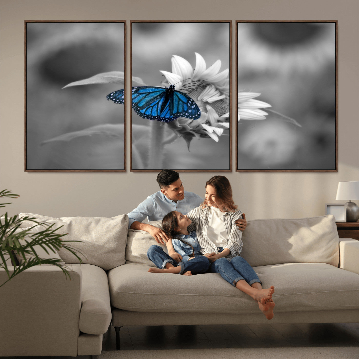 -Blue Butterfly Black and White Canvas Wall Art