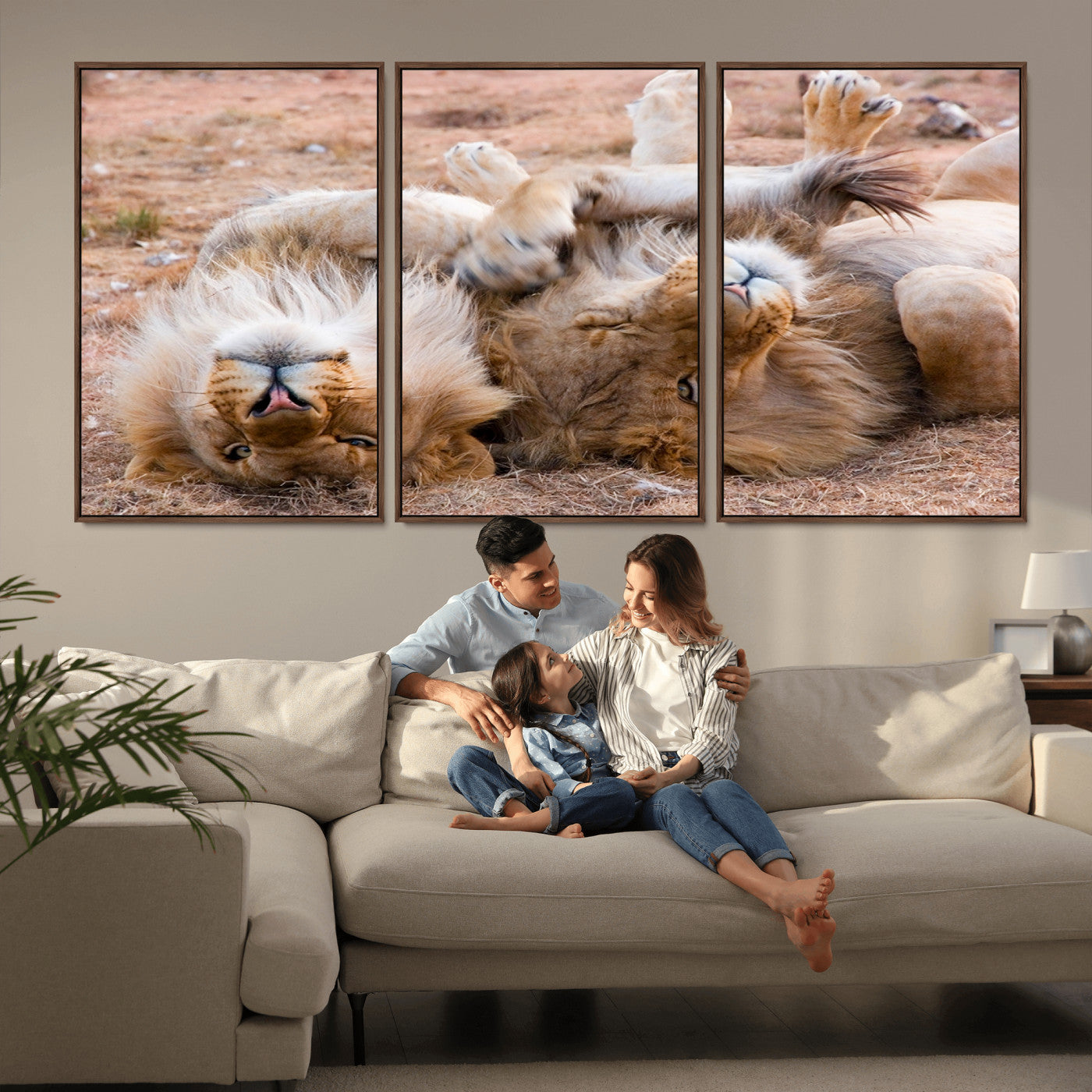 -Lion Pair Wall Art Canvas Print – Framed Wildlife Scene with Playful Lions Artwork for Home, Office, Living Room