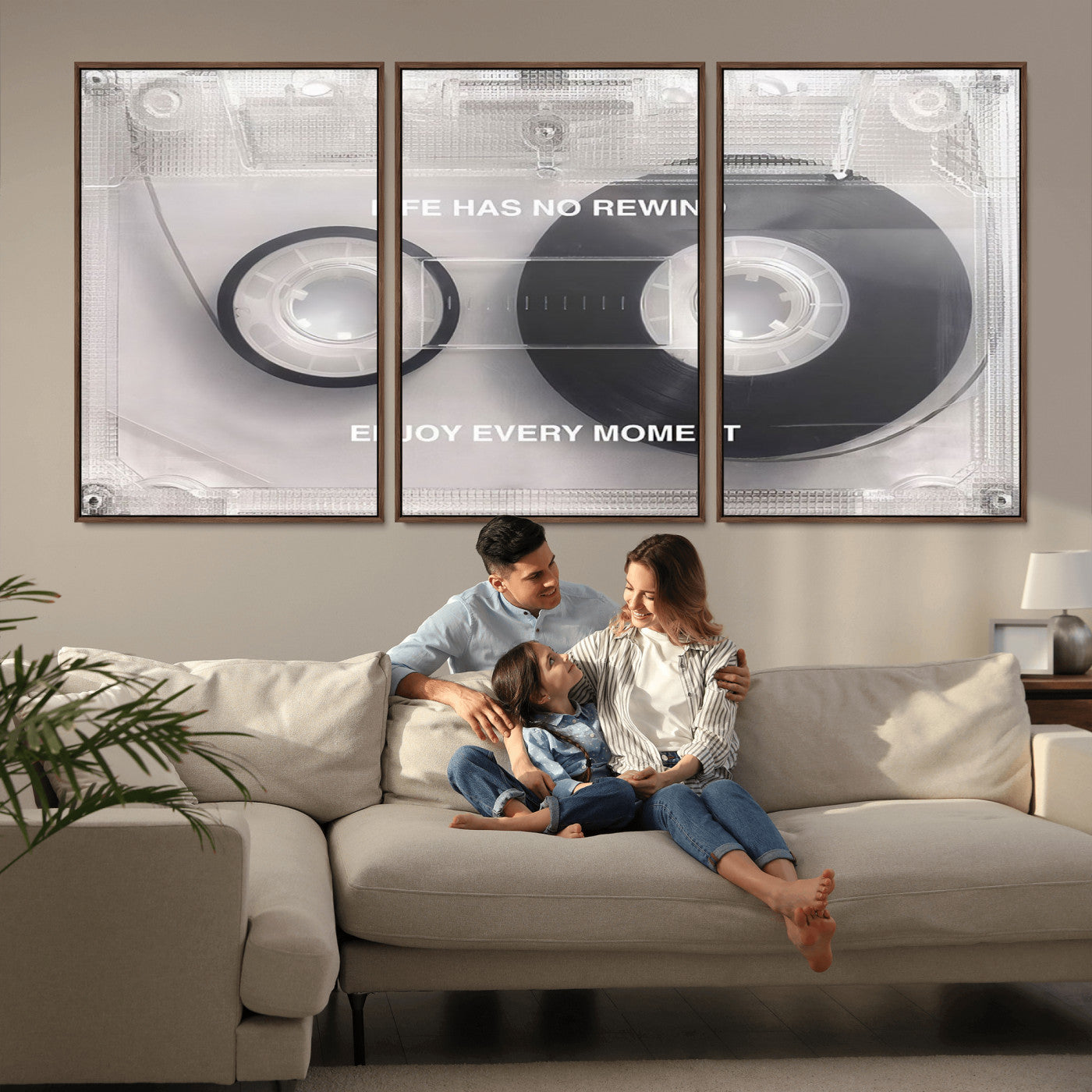 -Vintage Cassette Tape Canvas Wall Art - Inspirational 'Life Has No Rewind' Quote, Retro Music Decor