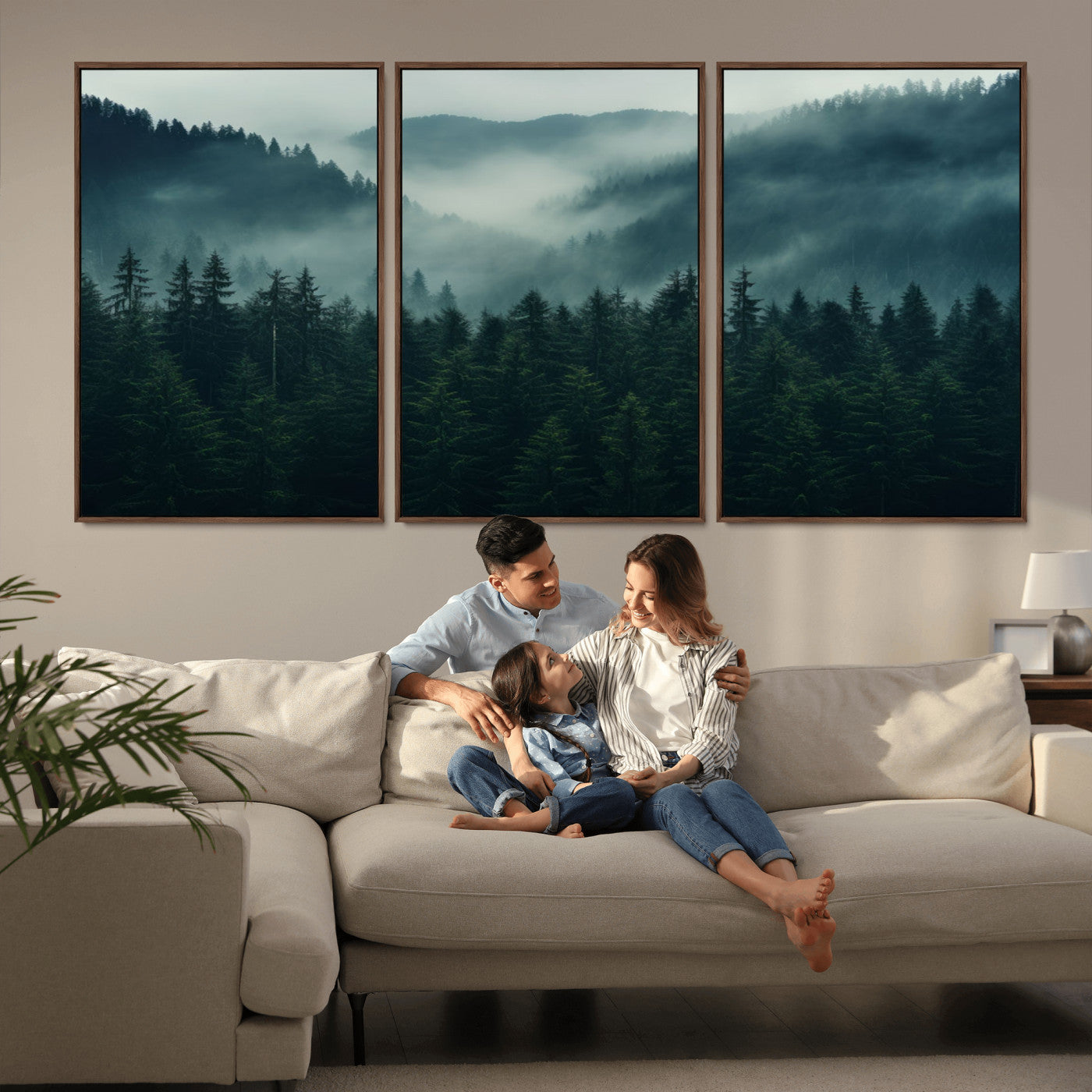 95647-MGV-FC-60X30-3P_Walnut-Captivating Misty Forest Wall Art Premium Canvas Print, Foggy and Serene Atmosphere Wall Art Canvas