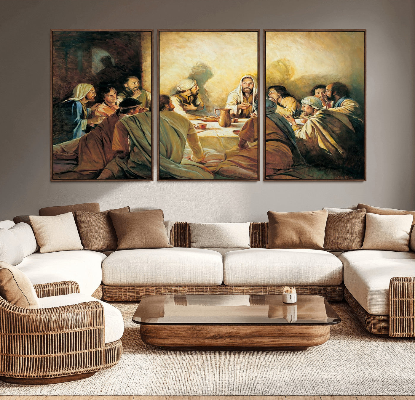Framed canvas print of the Last Supper, depicting Jesus and his disciples, perfect for religious or Christian-themed home decor.