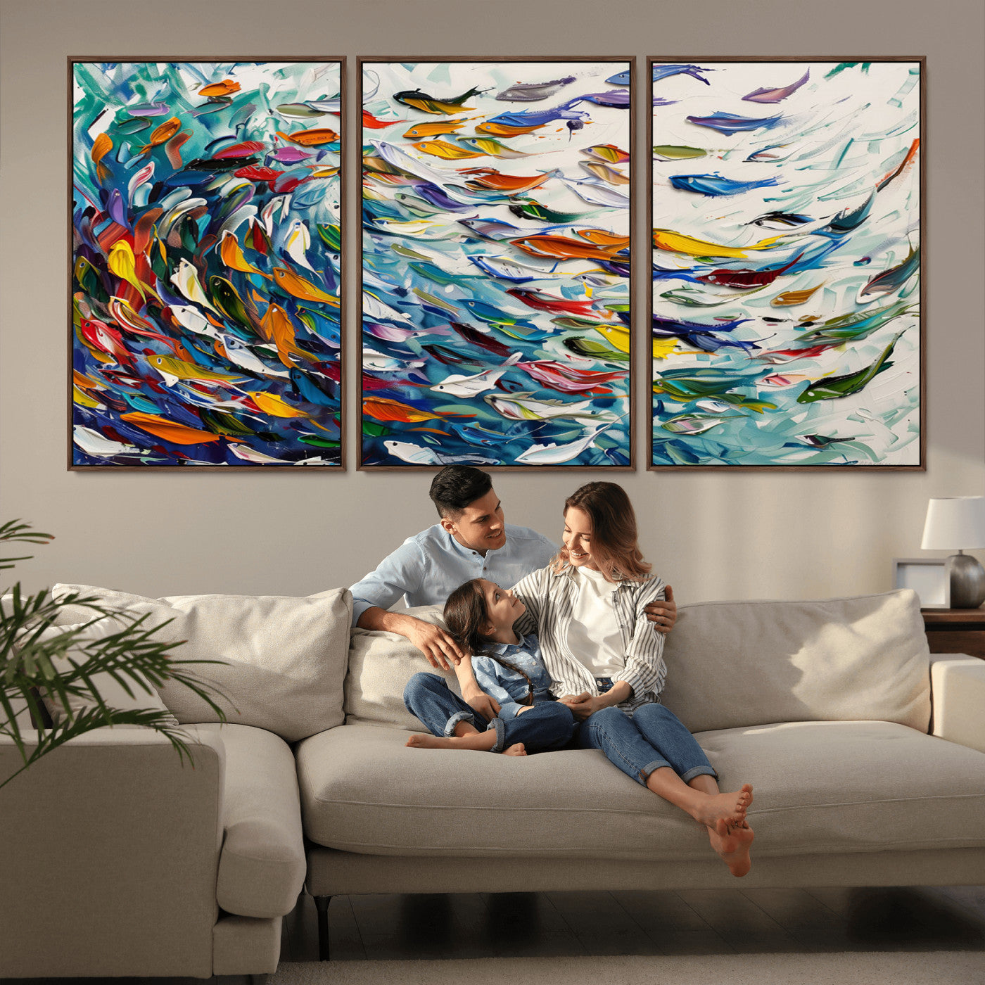 80105-MGV-CV-36X24-Modern Abstract Fish Shoal Wall Art Canvas Print, Colorful Fish Herd Painting on Canvas Print, Ocean