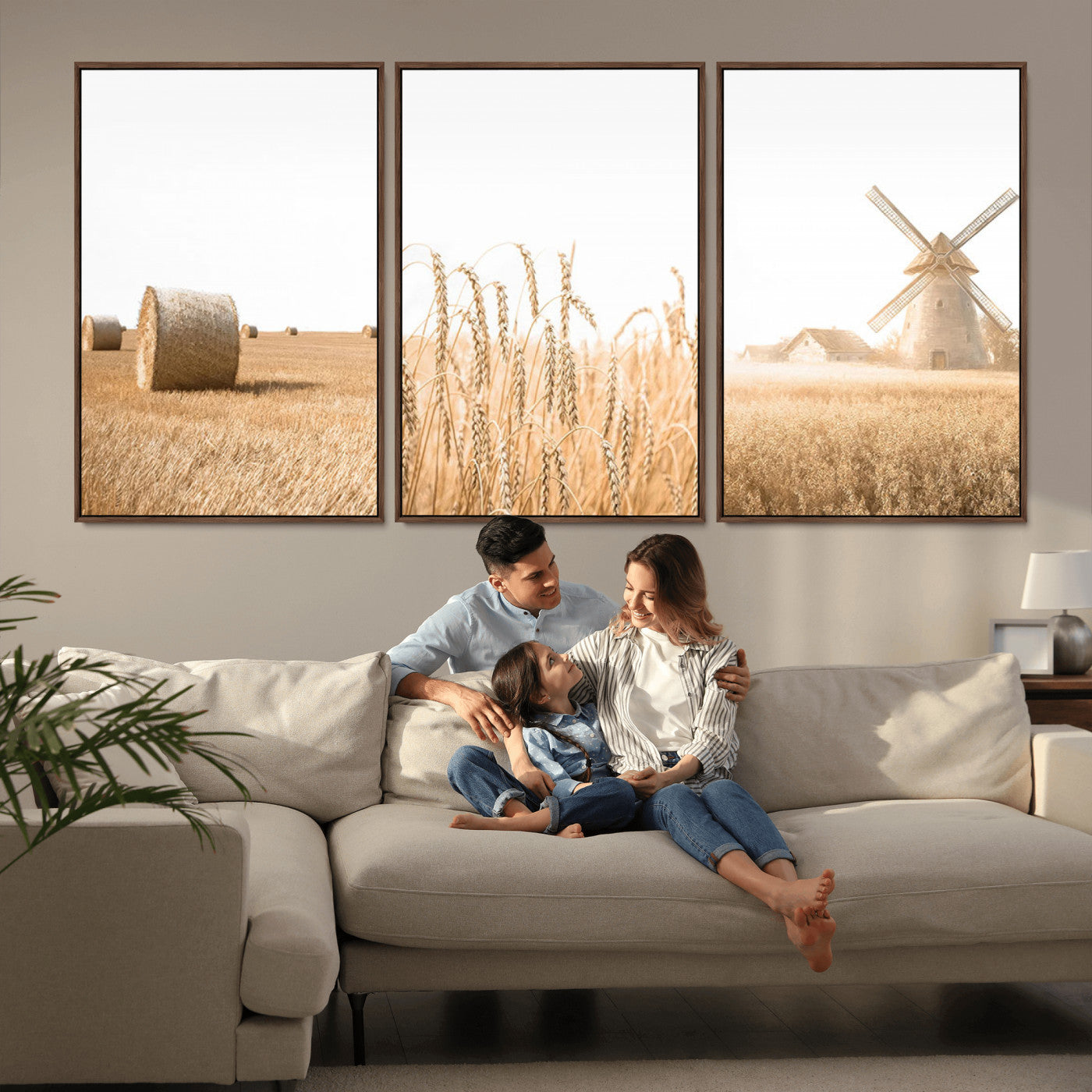 88780-MGV-CV-36X24-Vintage Farmhouse Triptych Wall Art – Giclée Canvas Featuring Wheat Fields, Hay Bales, and a