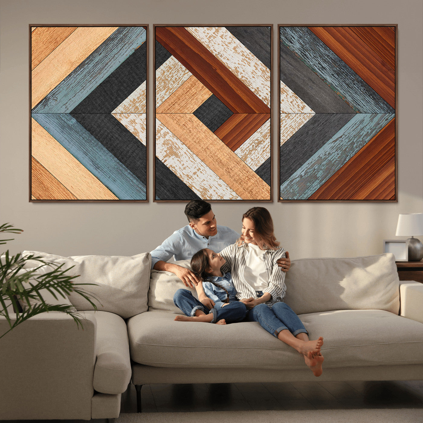 20897-MGV-CV-36X24-Geometric Wood Art Wall Decor Canvas Print, Rustic Wooden Pattern Triptych Wall Art for Living Room
