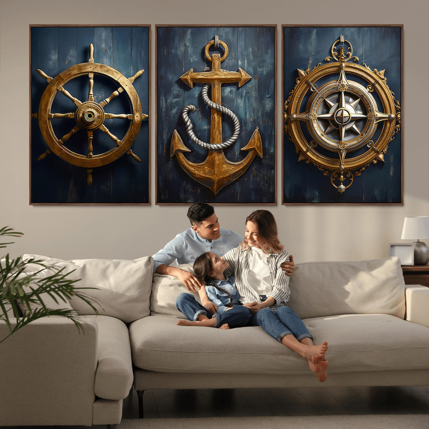56214-MGV-FC-60X30-3P - Boat Anchor Compass With Rope Wall Art Canvas Print | Beach House Wall Art