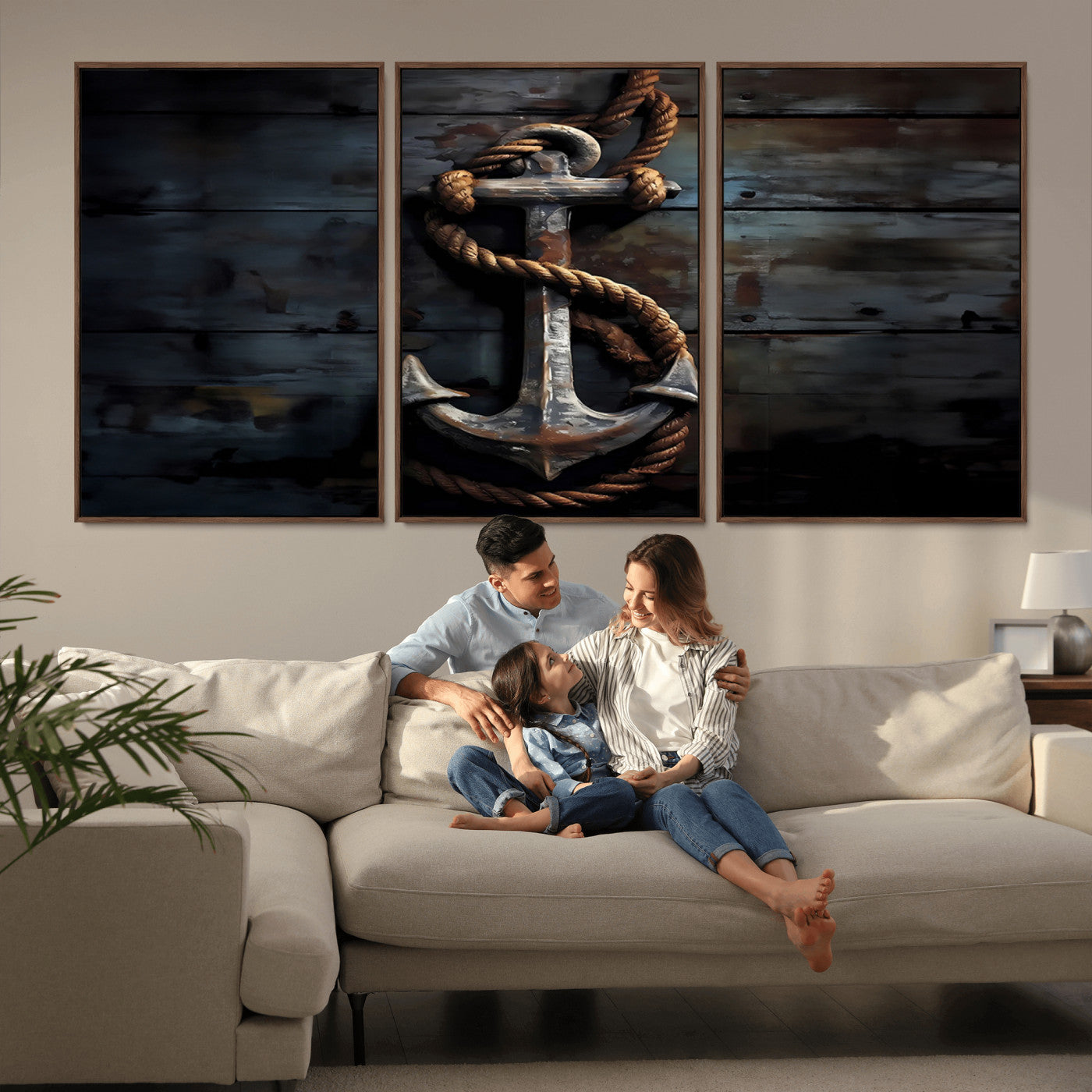 -3 Panel Grunge Abstract Anchor Wall Art Canvas Print Set
