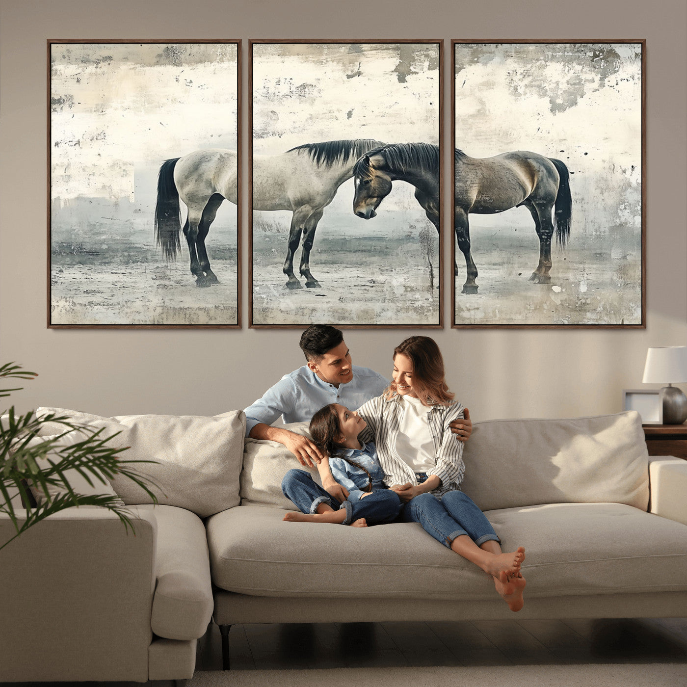 -Chines Style Majestic Horses Wall Art | Ready to Hang and Framed Triptych Print | Western Farmhouse
