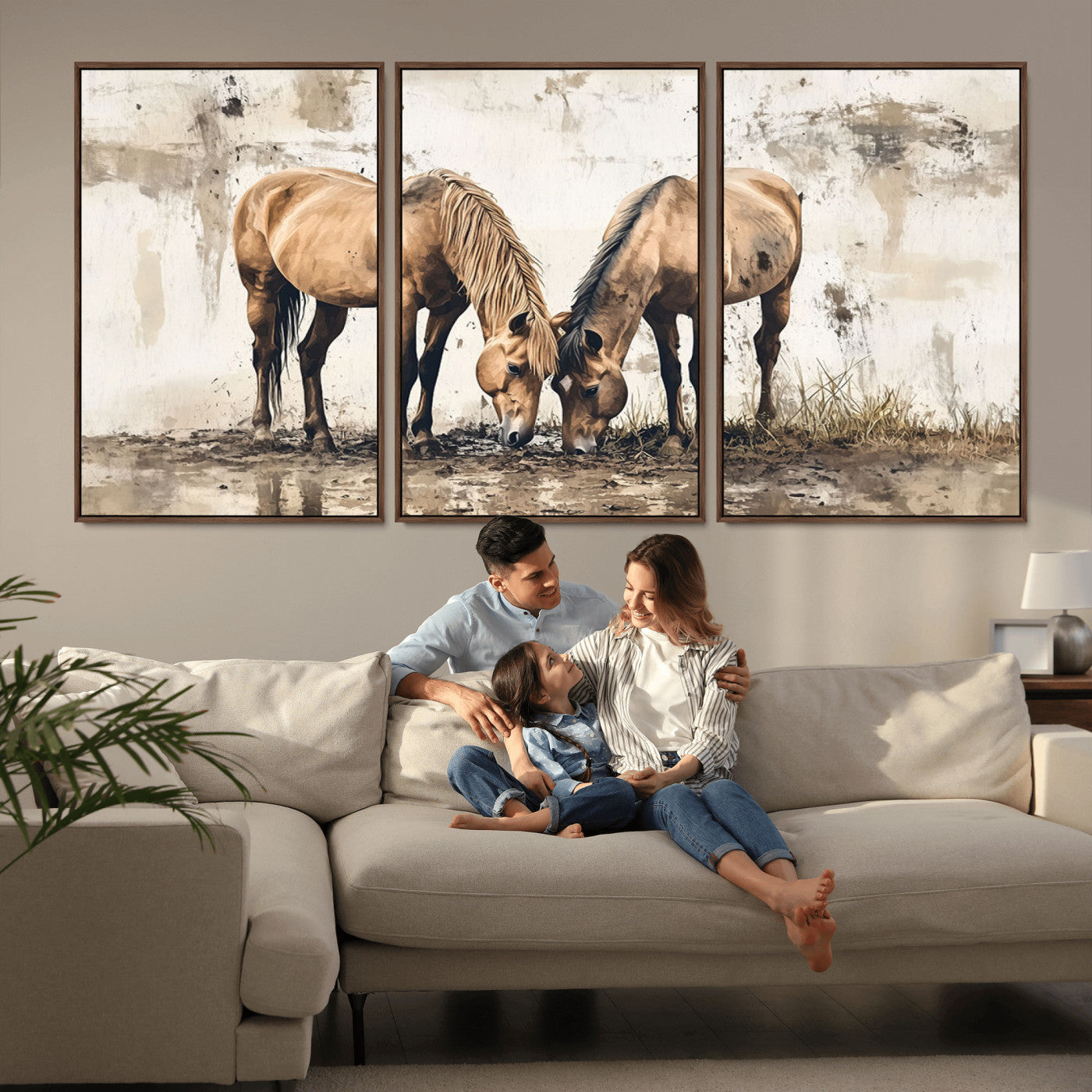 -Vintage Horses Wall Art | Ready to Hang and Framed Triptych | Western Farmhouse Wall Decor for