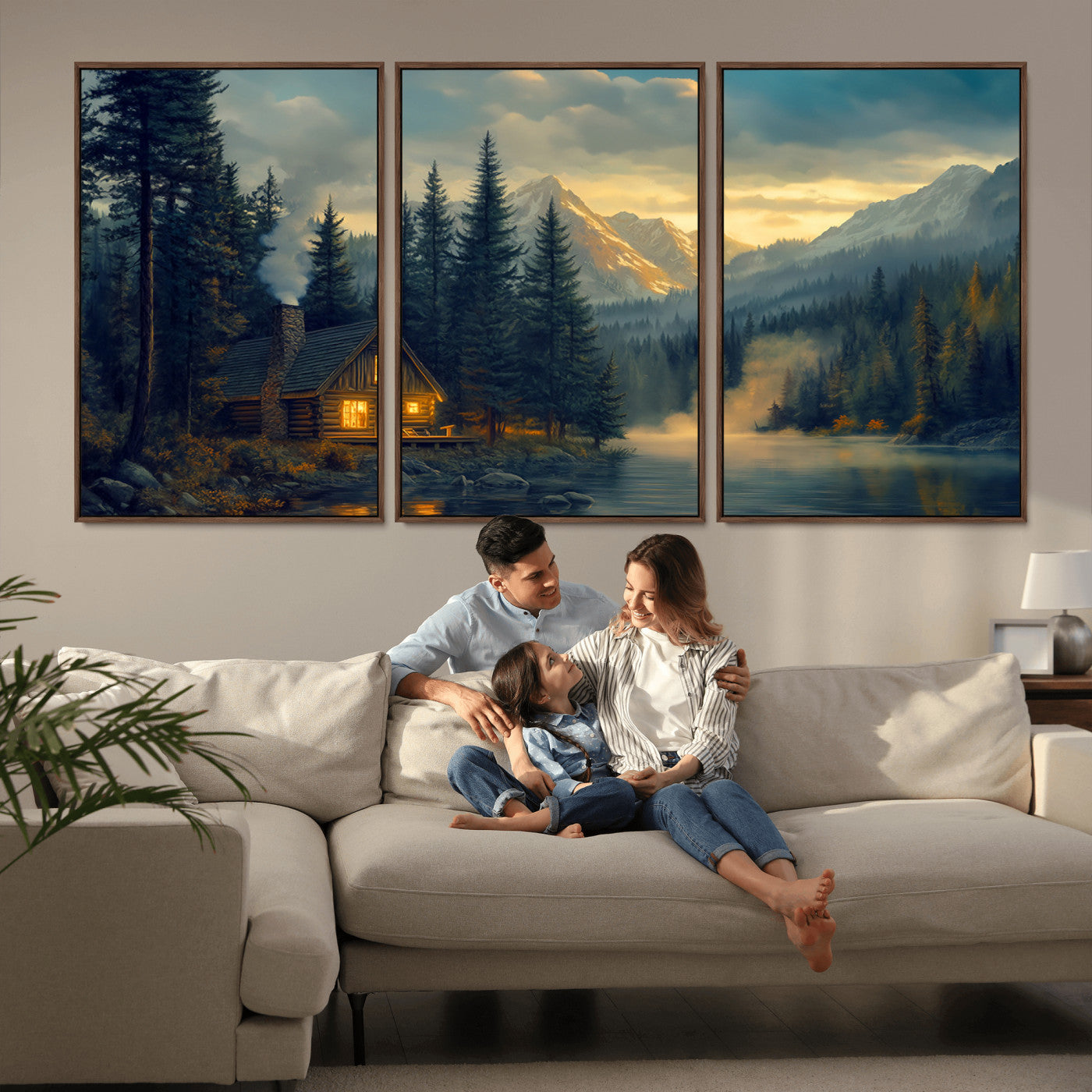 94027-MGV-CV-36X24-Mountain Cabin by the Lake at Sunset Wall Art - Serene Nature Canvas Print for Living Room Decor,