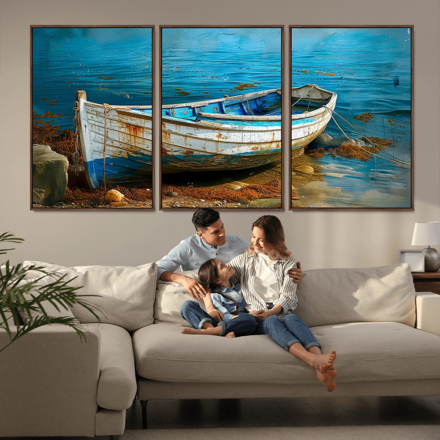 54716-MGV-CV-36X24-Vintage Boat on Tranquil Waters | Coastal Wall Art for Nautical Decor | Rustic Triptych Canvas Print