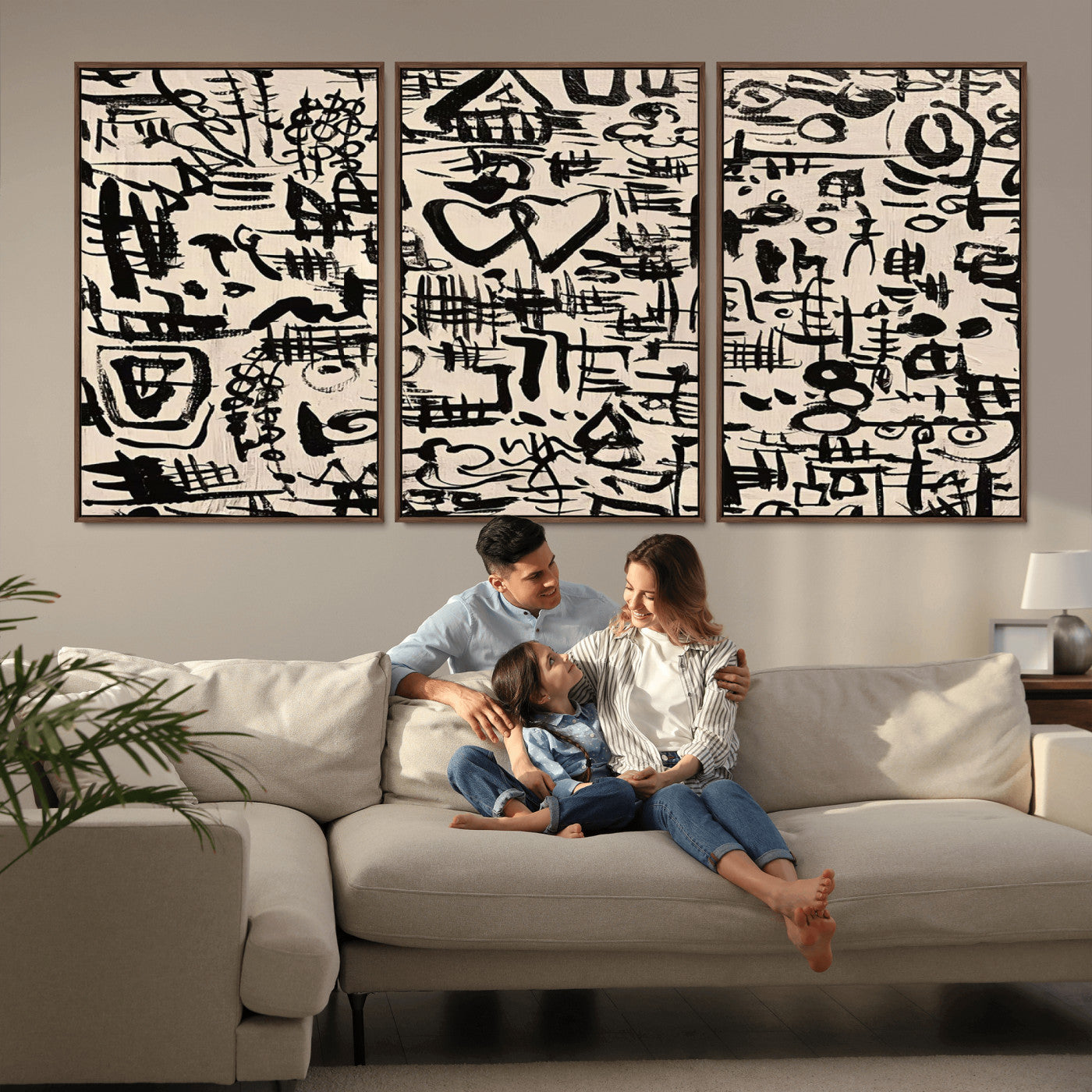 68273-MGV-FC-60X30-3P - Abstract Love and Chaos Canvas Print, Black Symbols on Beige