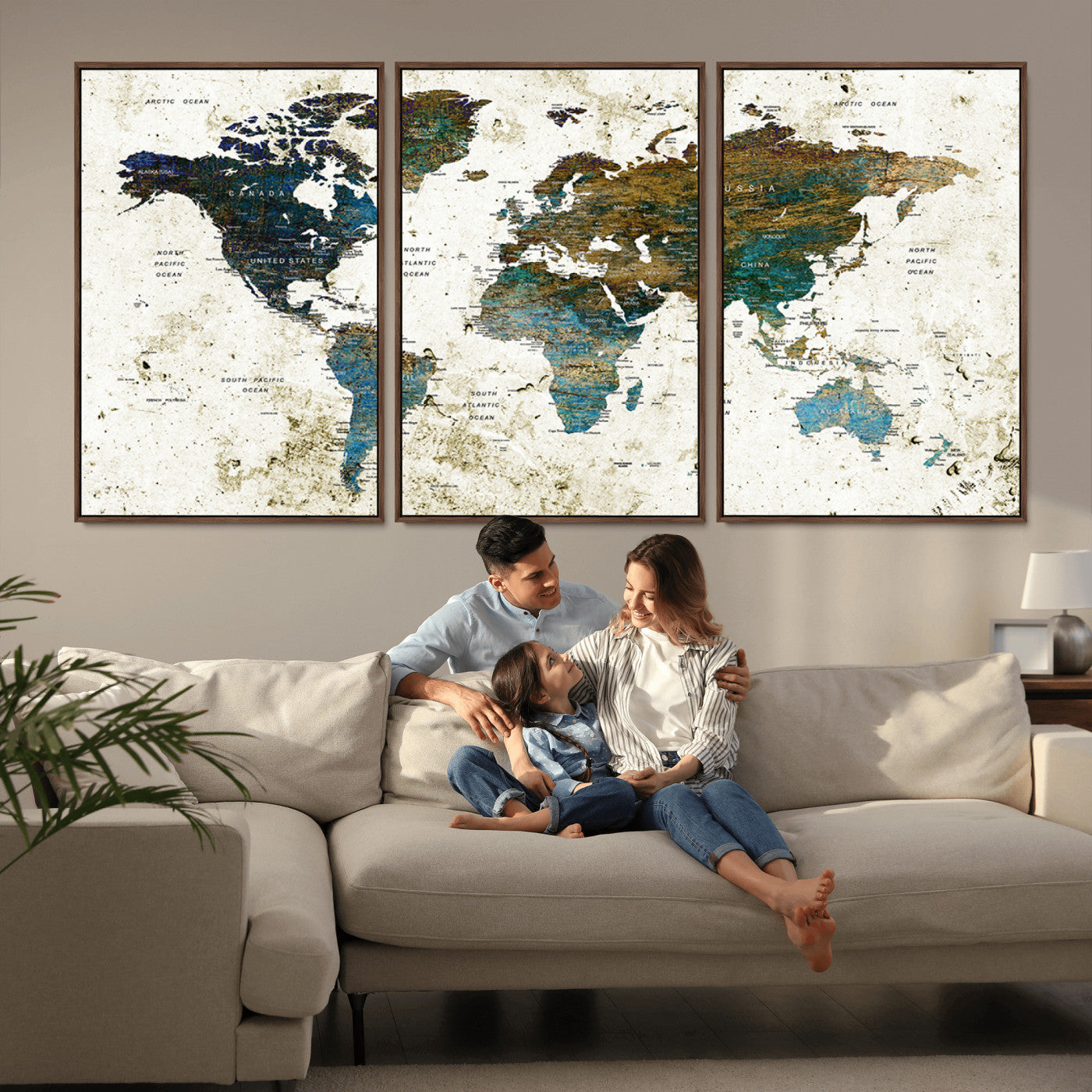 89176-MGV-CV-36X24-Vintage Blue and Brown World Map Canvas Wall Art – Framed Rustic Map Print, Earth Tone Travel Decor for Stylish Home and Office Walls