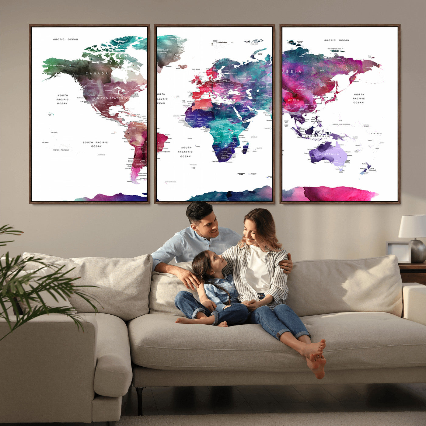 78176-MGV-CV-36X24-Colorful Watercolor World Map Canvas Wall Art – Framed Modern Map Print, Vibrant Travel Inspired Artwork for Home and Office Decor
