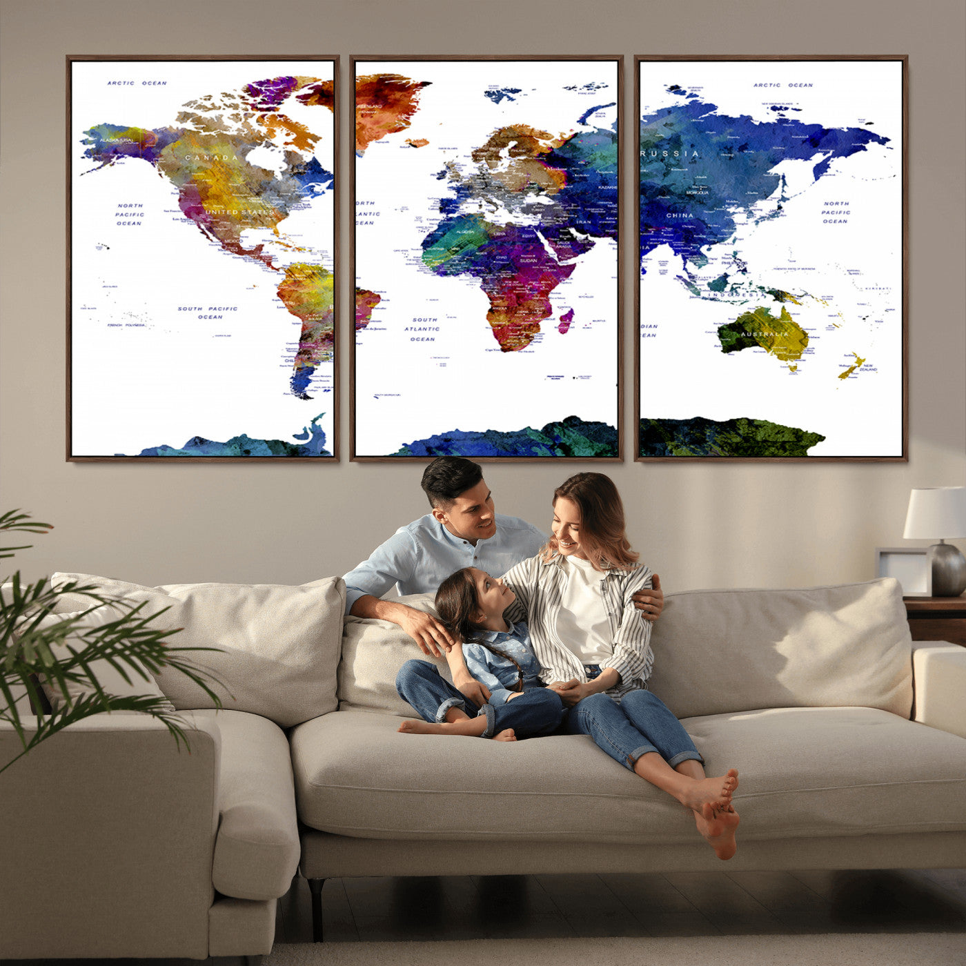 90446-MGV-CV-36X24-Colorful Watercolor World Map Canvas Wall Art – Framed Modern Push Pin Travel Map for Home and Office Decor