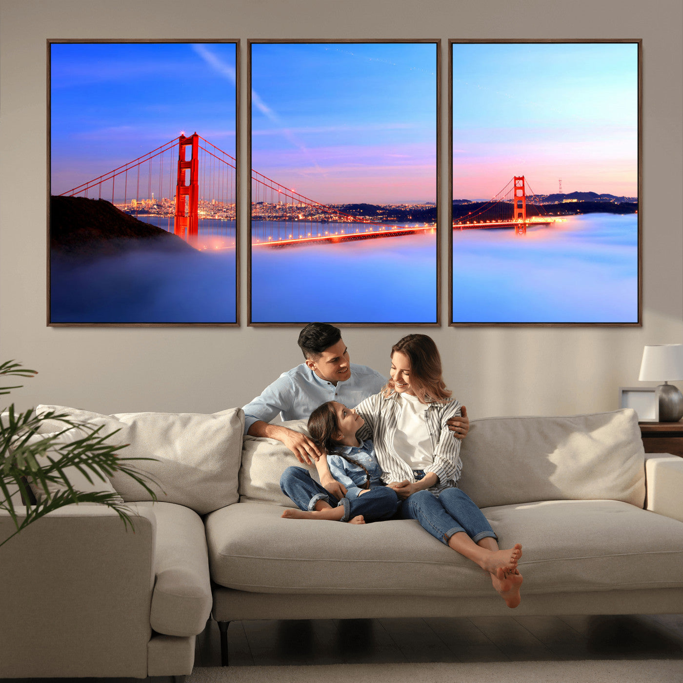 MGV-FC-60X30-3P - Golden Gate Bridge Wall Art Print, San Francisco Sunset Canvas Wall Art, Cityscape Canvas Print for
