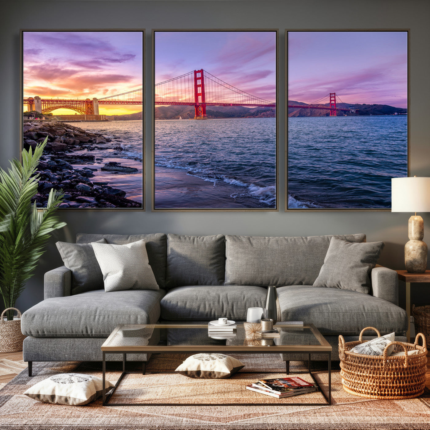 24256-MGV-CV-36X24 - Golden Gate Bridge Wall Art Print, San Francisco Sunset Canvas Wall Art, Cityscape Canvas Print for