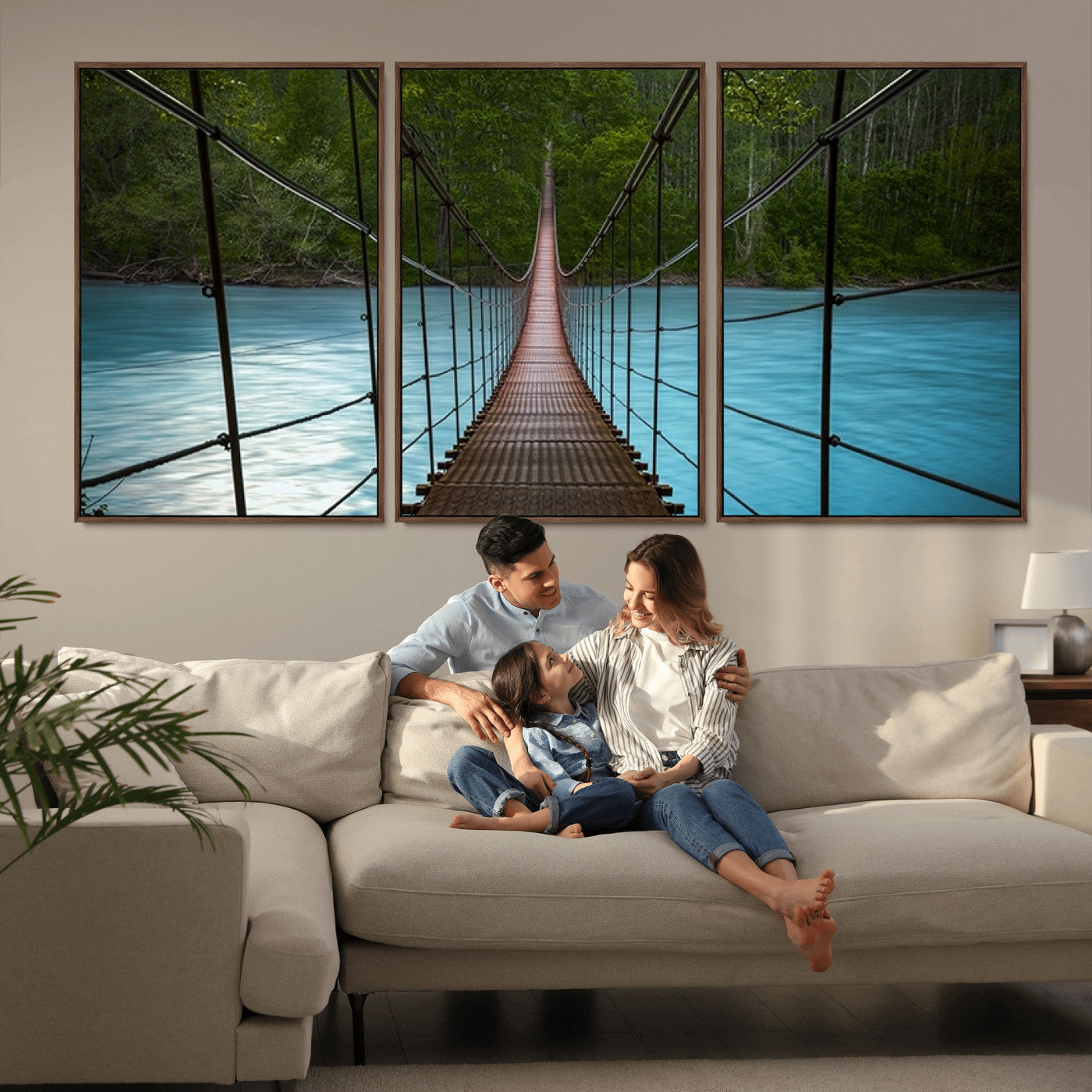 -Suspension Bridge Over River Canvas Art | 3-Panel Nature Photography | Scenic Wall Art for Living