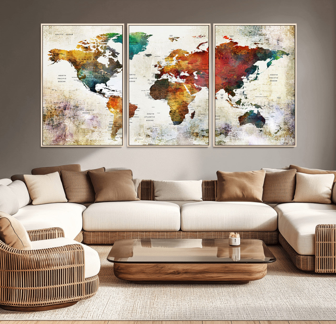 92207-MGV-CV-36X24-Watercolor World Map Canvas Print – Framed Push Pin Wall Art for Couples, Artistic Travel Map for Modern Home and Office Decor