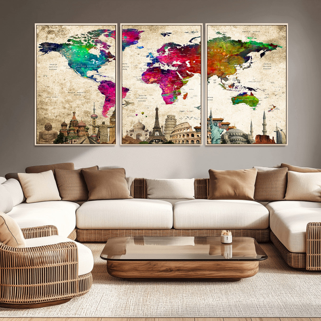 -Push Pin World Map Canvas Print – Travel Tracker Wall Art for Couples, Perfect Anniversary Gift for Home or Office Decor