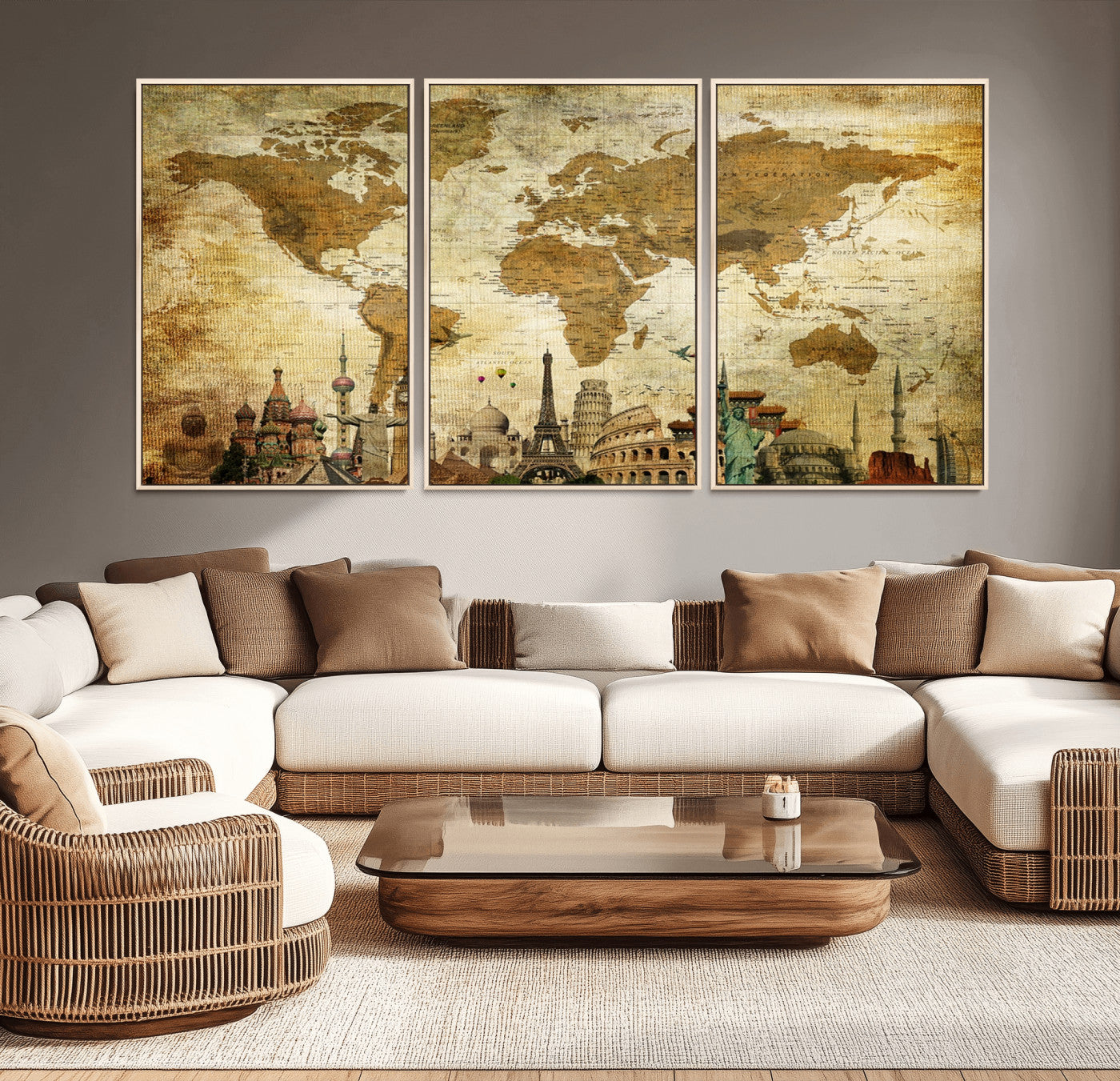 97849-MGV-CV-36X24-Vintage World Map Canvas Wall Art – Framed Push Pin Travel Map with Famous Landmarks, Rustic Home and Office Decor Artwork for Travelers