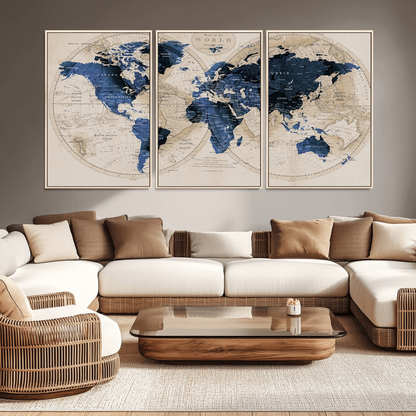 -Vintage Blue World Map Canvas Wall Art – Antique Style Framed Map Print, Elegant Travel Decor for Home Office or Study