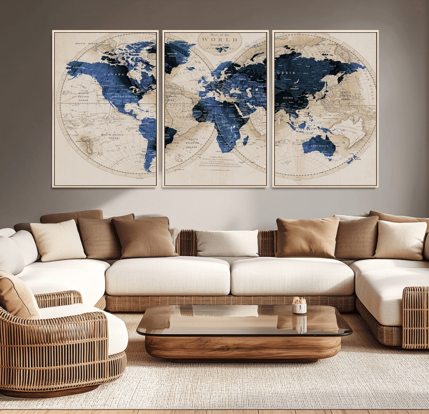 67444-MGV-CV-36X24-Vintage Blue World Map Canvas Wall Art – Antique Style Framed Map Print, Elegant Travel Decor for Home Office or Study